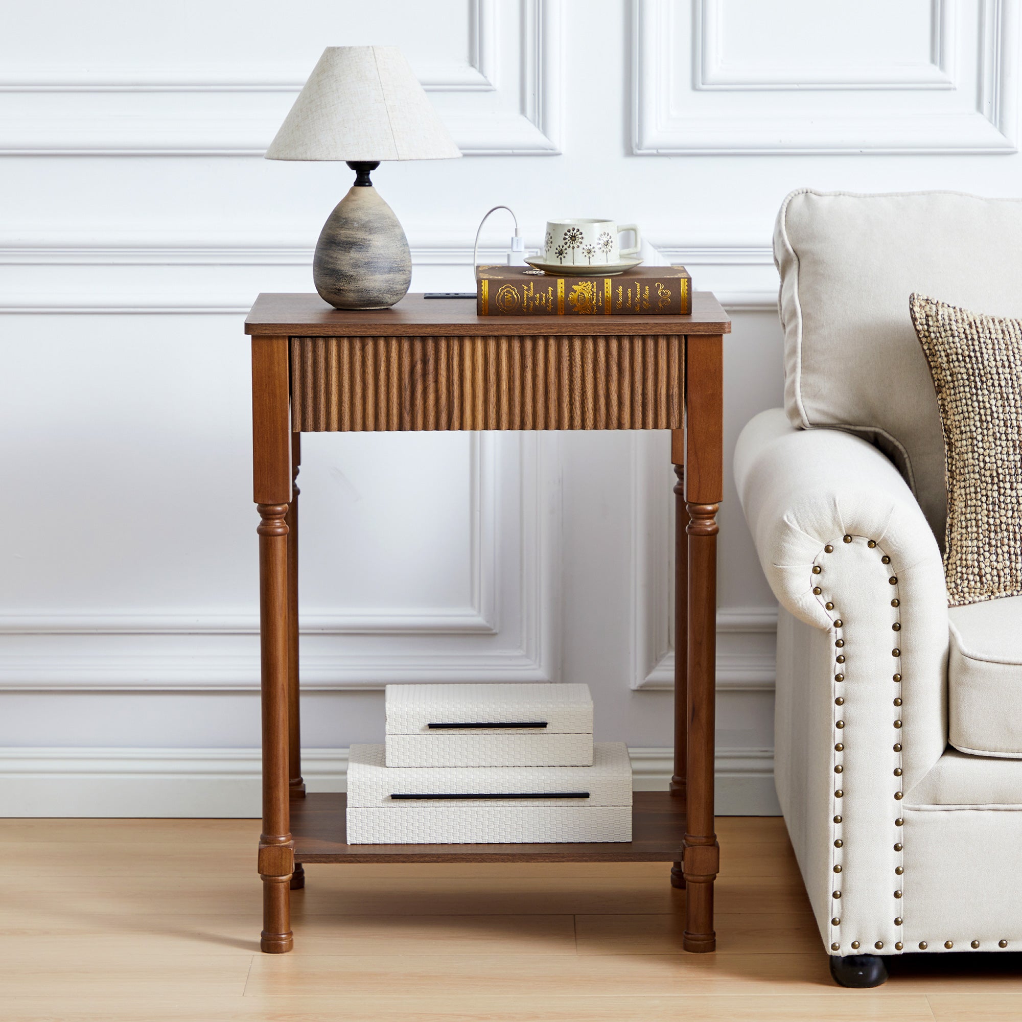 Wirrytor Narrow End Table with 2 Drawer & Open Storage Shelf, Modern Narrow Side Table for Small Spaces, Multifunctional Slim Nightstand for Bedroom, Living Room & Home Office,Oak