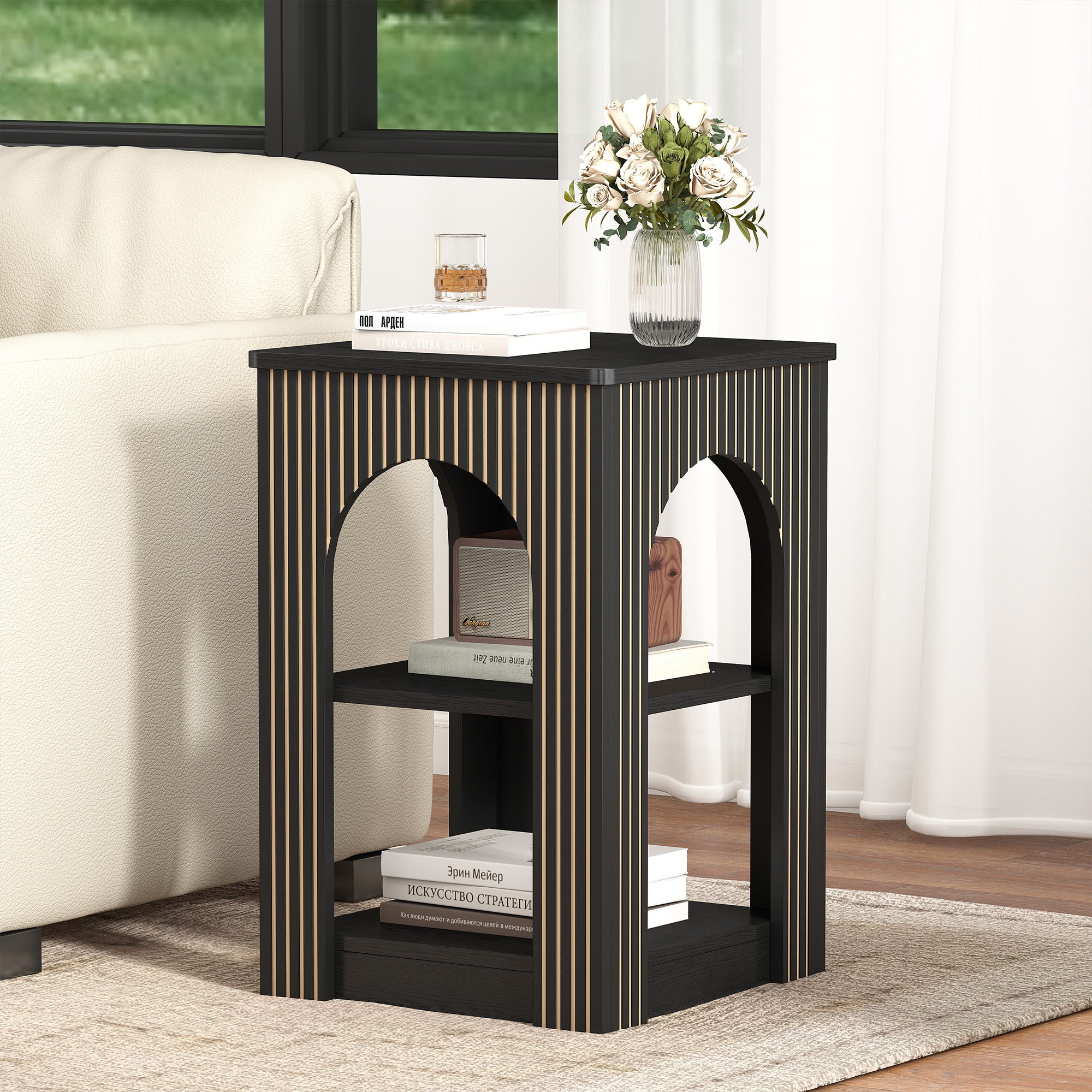 Wirrytor Arch End Table for Living Room with Open Storage Shelves, Side Table for Small Spaces, Chic Arched Design, Small Accent Tables,Couch Side Table, Nightstand for Badroom, Walnut