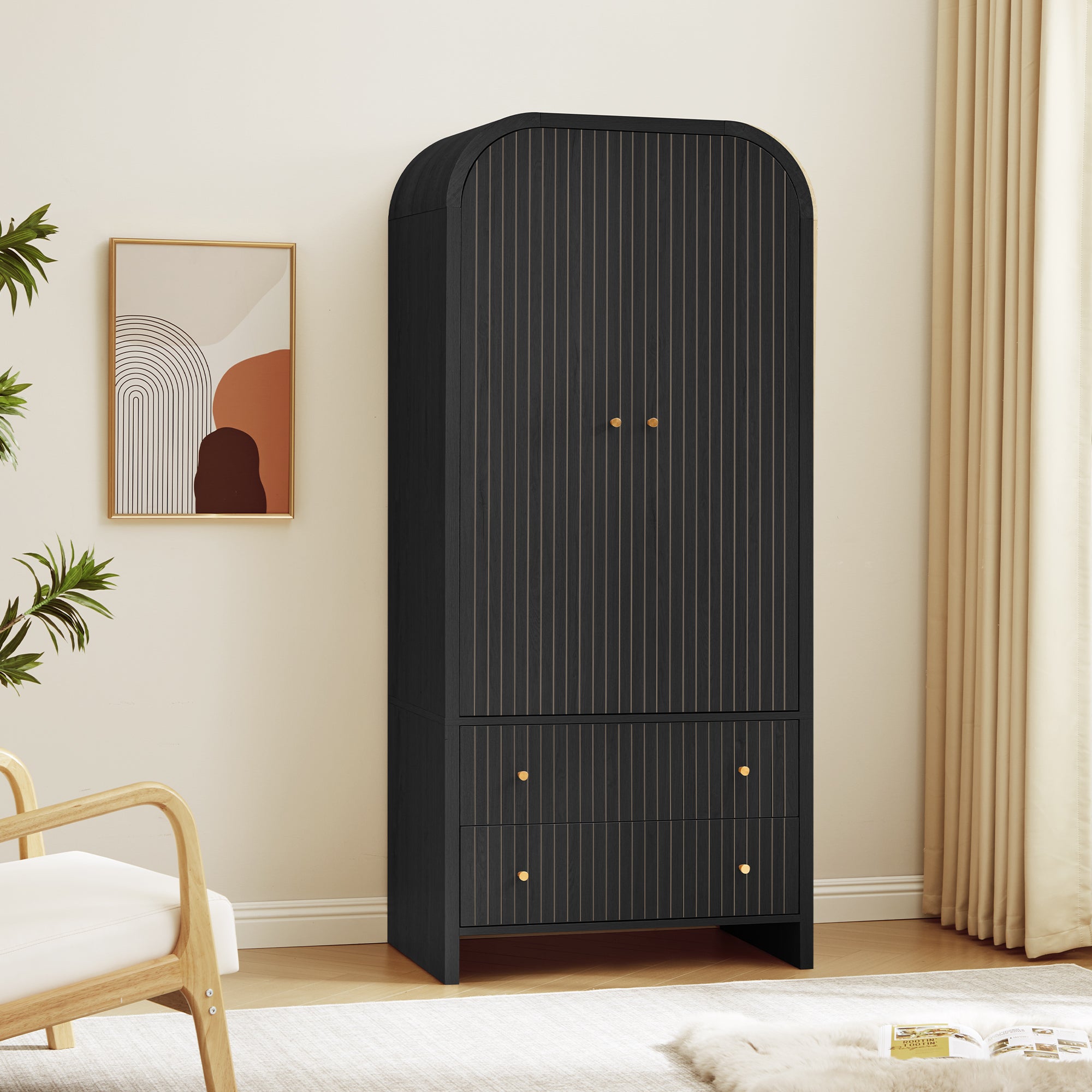 Wirrytor 2 Door Armoire for Bedroom with 2 Drawers and Hanging Rod, Fluted Tall Wardrobe Closet Storage Organizer, Large Capacity Freestanding Wardrobe for Living Room Or Office