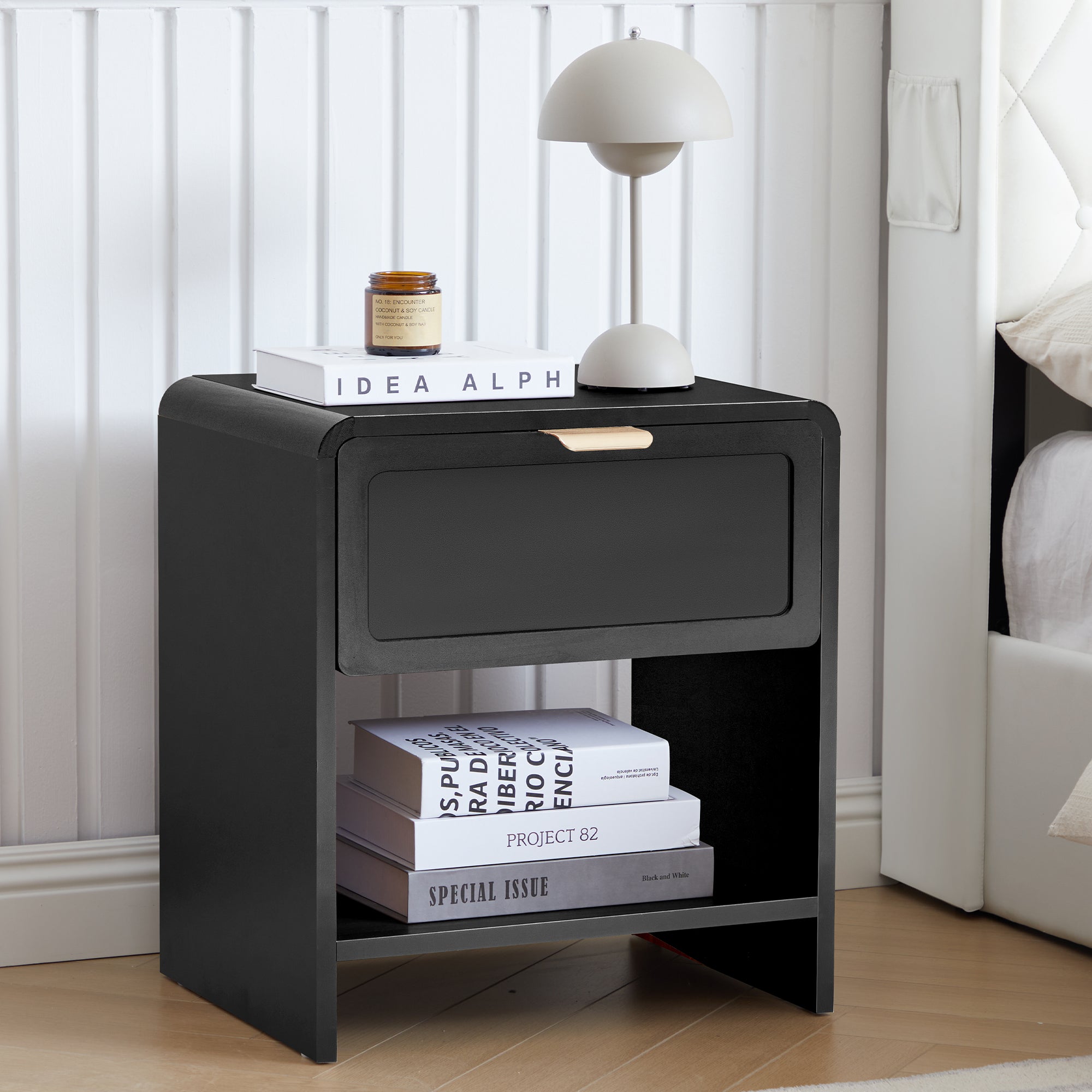 Wirrytor Farmhouse Natural Oak Fluted Nightstands, Mid-Century Chic End Table with Drawer and Open Shelf Storage, Curved Edge Bedside Table for Bedroom Living Room