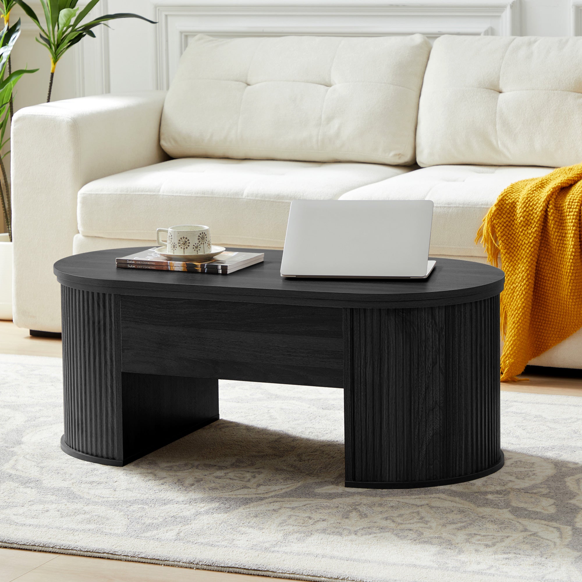 Wirrytor Lift Top Coffee Table with Storage and Open Storage Shelf, Oval Coffee Table for Living Room, Elliptical Arc Design, Fluted Center Table,  Finish & Spacious Storage,