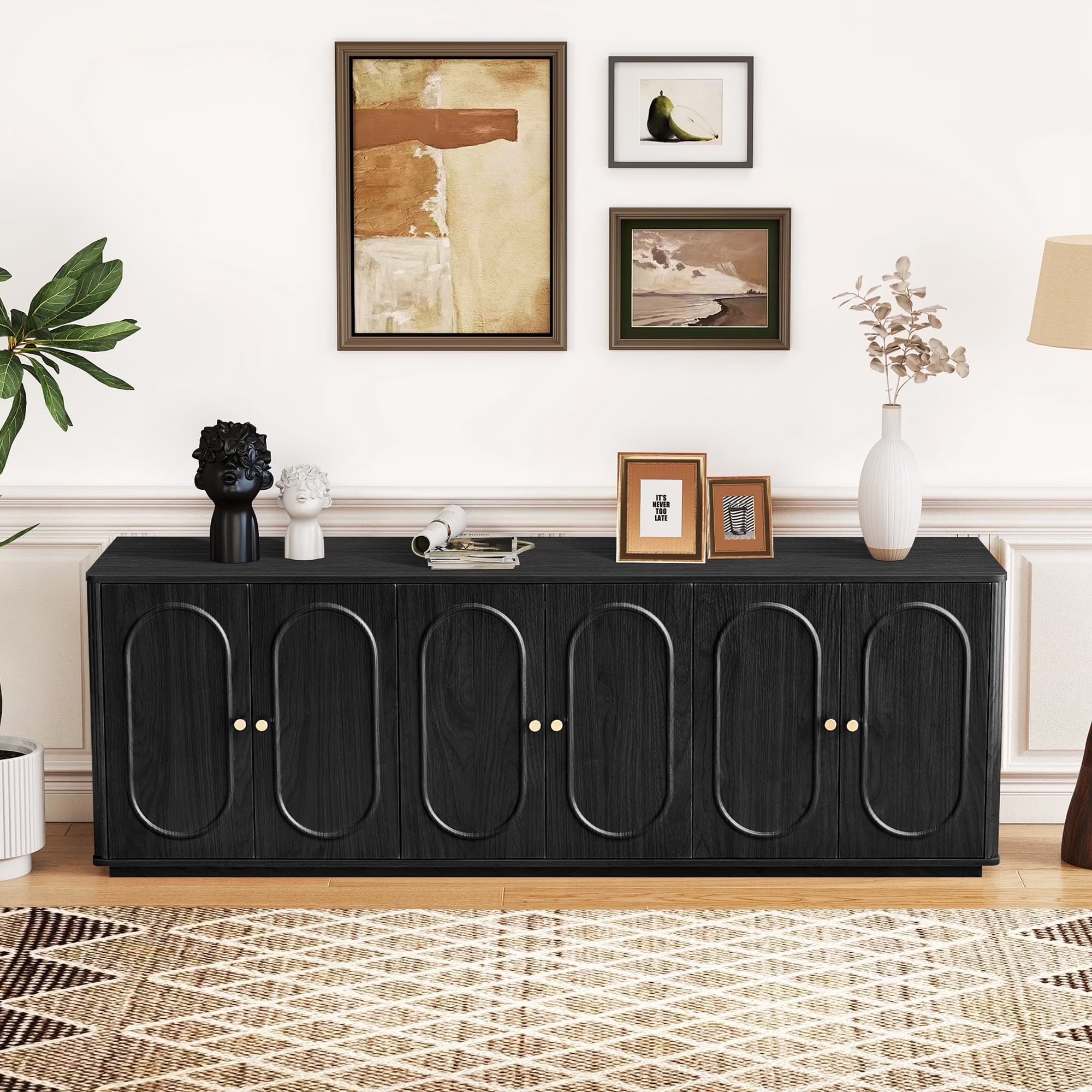 Wirrytor 6-Doors Farmhouse Sideboard with Adjustable Shelves ,Buffet Cabinet with Storage for Kitchen Dining Room,Wooden Fluted Cabinet, Under TV Cabinet with Storage Black