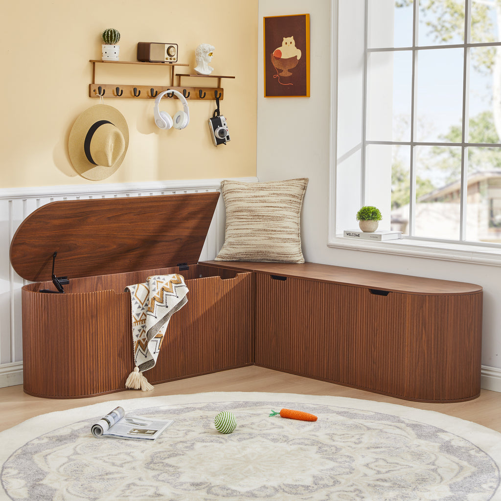 WIRRYTOR 59" Fluted L-Shaped Corner Storage Bench with Rounded Corners, Mid-Century Modern Breakfast Nook Bench, Extra Large Storage Chest