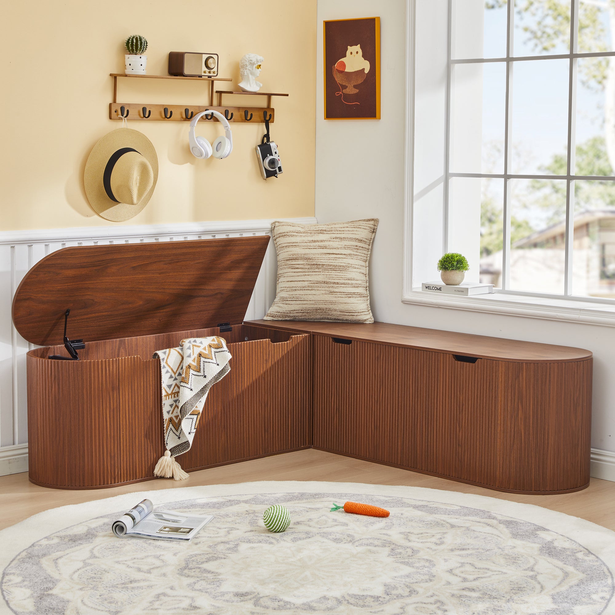 WIRRYTOR 59" Fluted L-Shaped Corner Storage Bench with Rounded Corners, Mid-Century Modern Breakfast Nook Bench, Extra Large Storage Chest