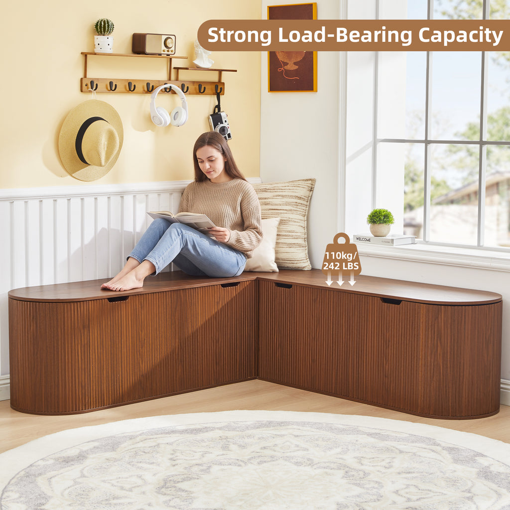 WIRRYTOR 59" Fluted L-Shaped Corner Storage Bench with Rounded Corners, Mid-Century Modern Breakfast Nook Bench, Extra Large Storage Chest
