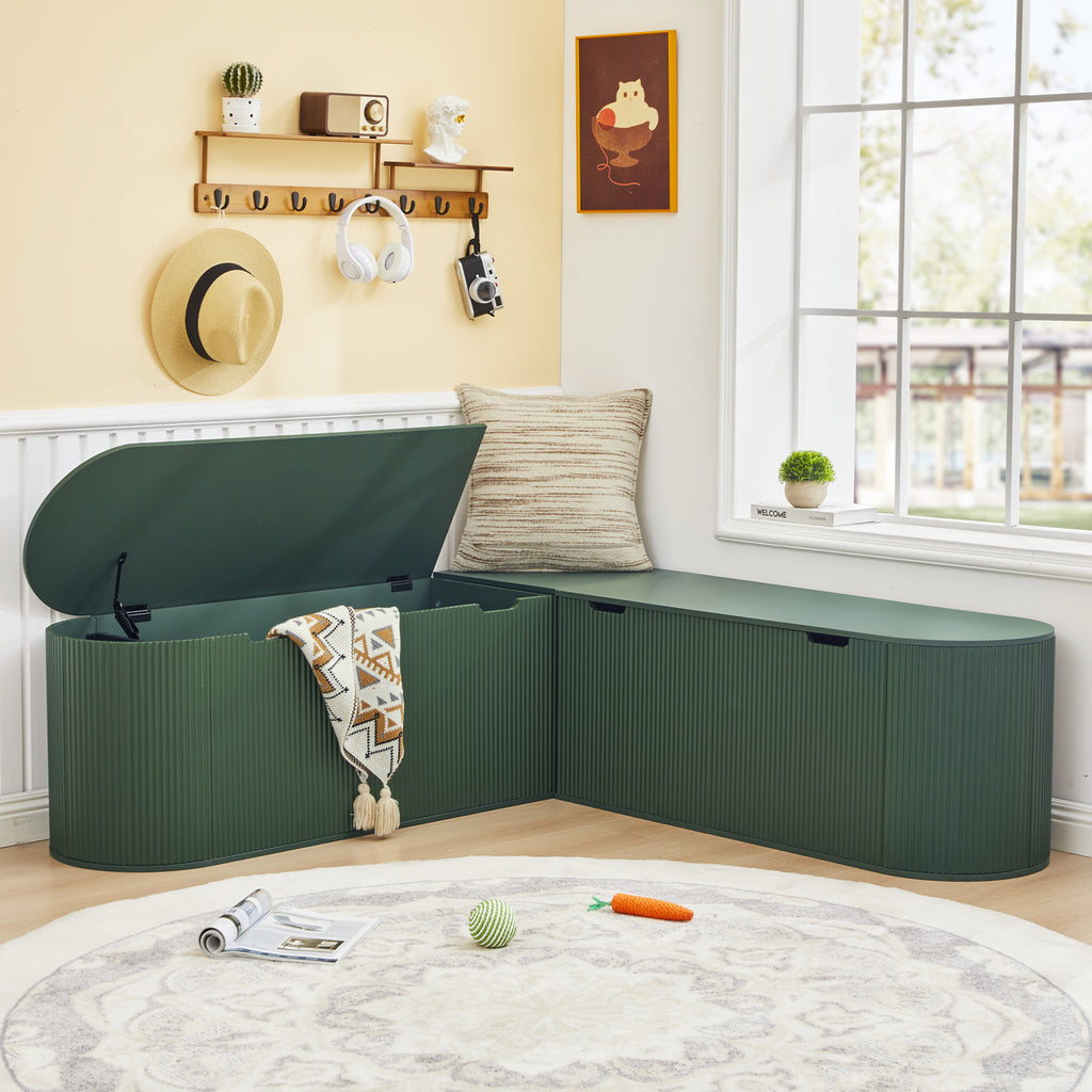 WIRRYTOR 59" Fluted L-Shaped Corner Storage Bench with Rounded Corners, Mid-Century Modern Breakfast Nook Bench, Extra Large Storage Chest
