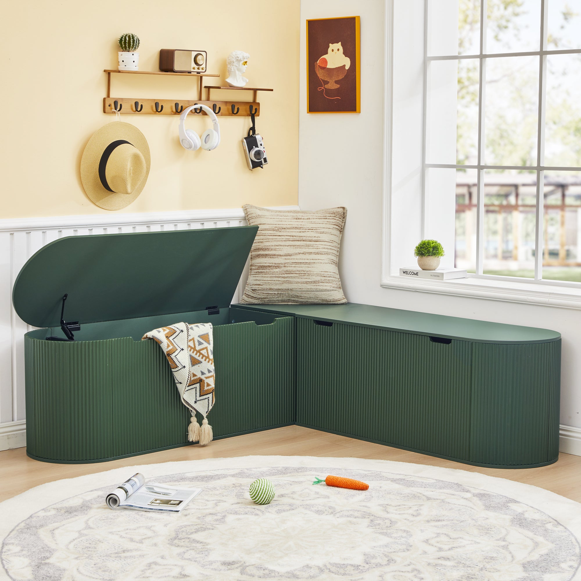 WIRRYTOR 59" Fluted L-Shaped Corner Storage Bench with Rounded Corners, Mid-Century Modern Breakfast Nook Bench, Extra Large Storage Chest