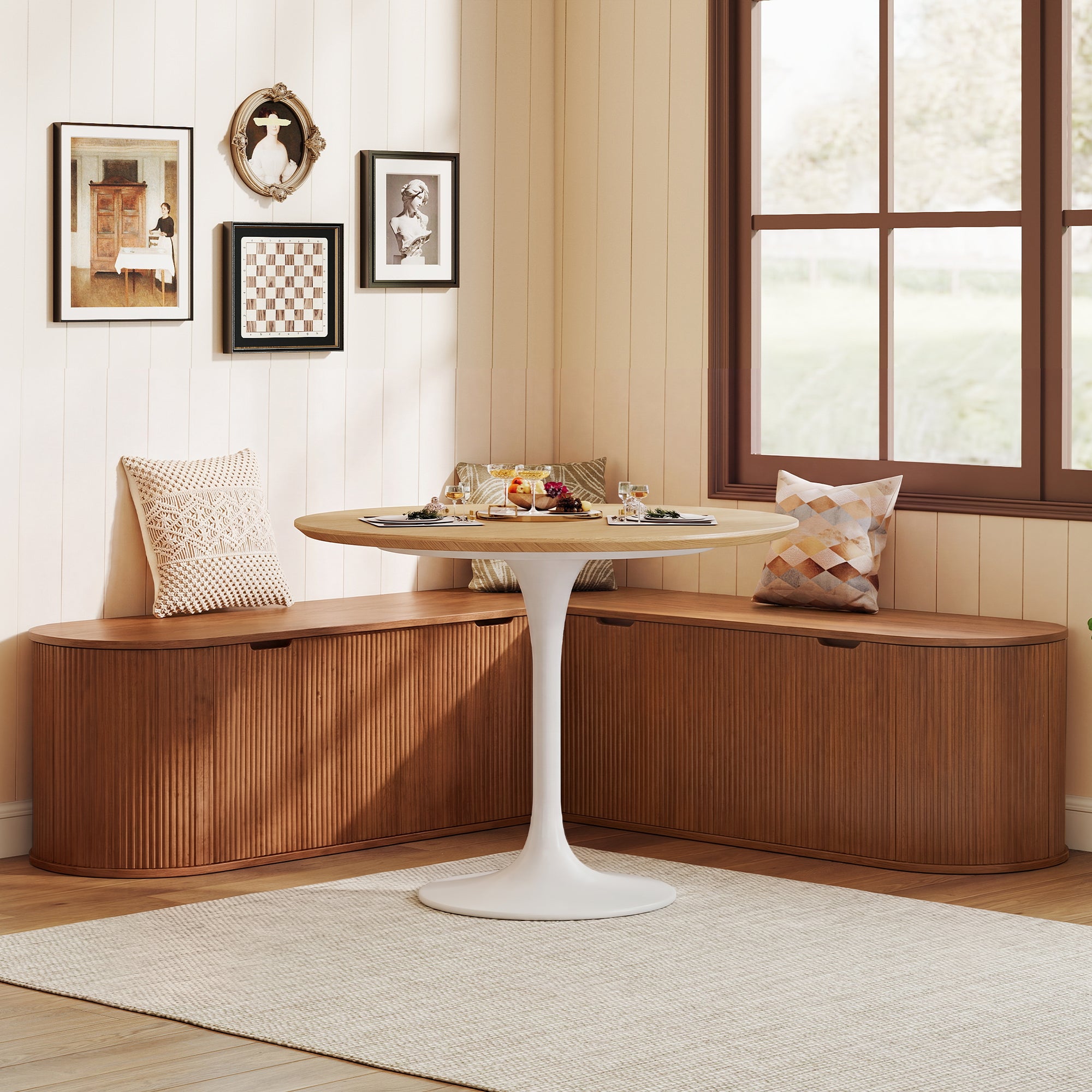 WIRRYTOR 59" Fluted L-Shaped Corner Storage Bench with Rounded Corners, Mid-Century Modern Breakfast Nook Bench, Extra Large Storage Chest