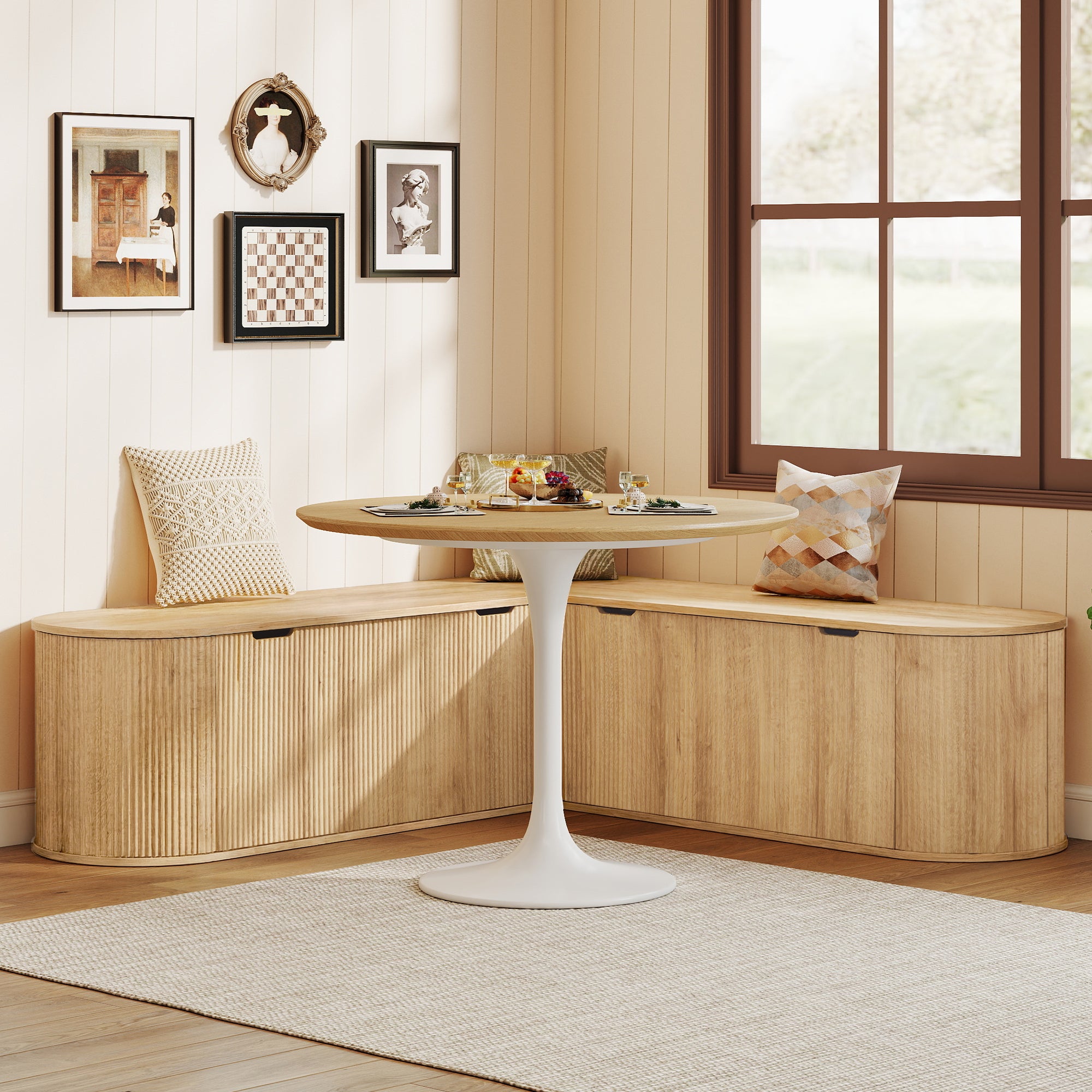 WIRRYTOR 59" Fluted L-Shaped Corner Storage Bench with Rounded Corners, Mid-Century Modern Breakfast Nook Bench, Extra Large Storage Chest