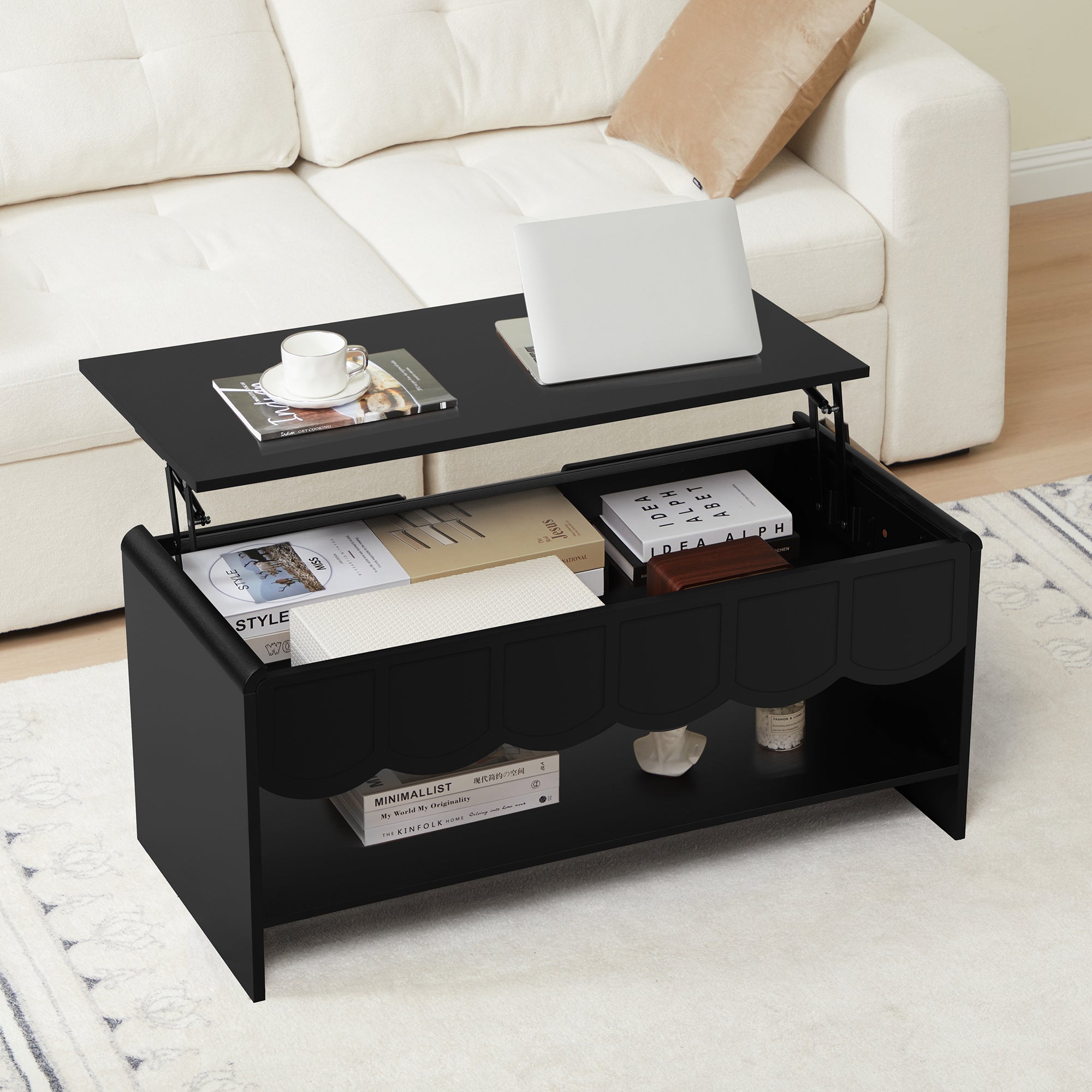 Wirrytor Lift Top Coffee Table with Storage for Living Room , Oval Coffee Table with Hidden Compartment and Open Shelf, Modern Center Tables, Wave Edge Design