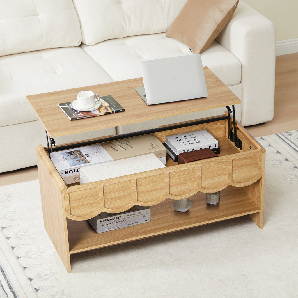 Wirrytor Lift Top Coffee Table with Storage for Living Room , Oval Coffee Table with Hidden Compartment and Open Shelf, Modern Center Tables, Wave Edge Design