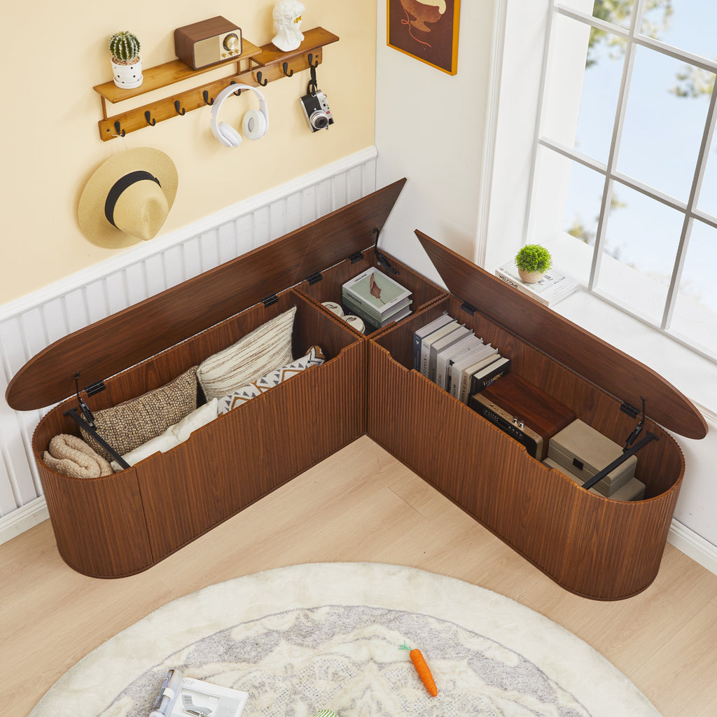 WIRRYTOR 59" Fluted L-Shaped Corner Storage Bench with Rounded Corners, Mid-Century Modern Breakfast Nook Bench, Extra Large Storage Chest