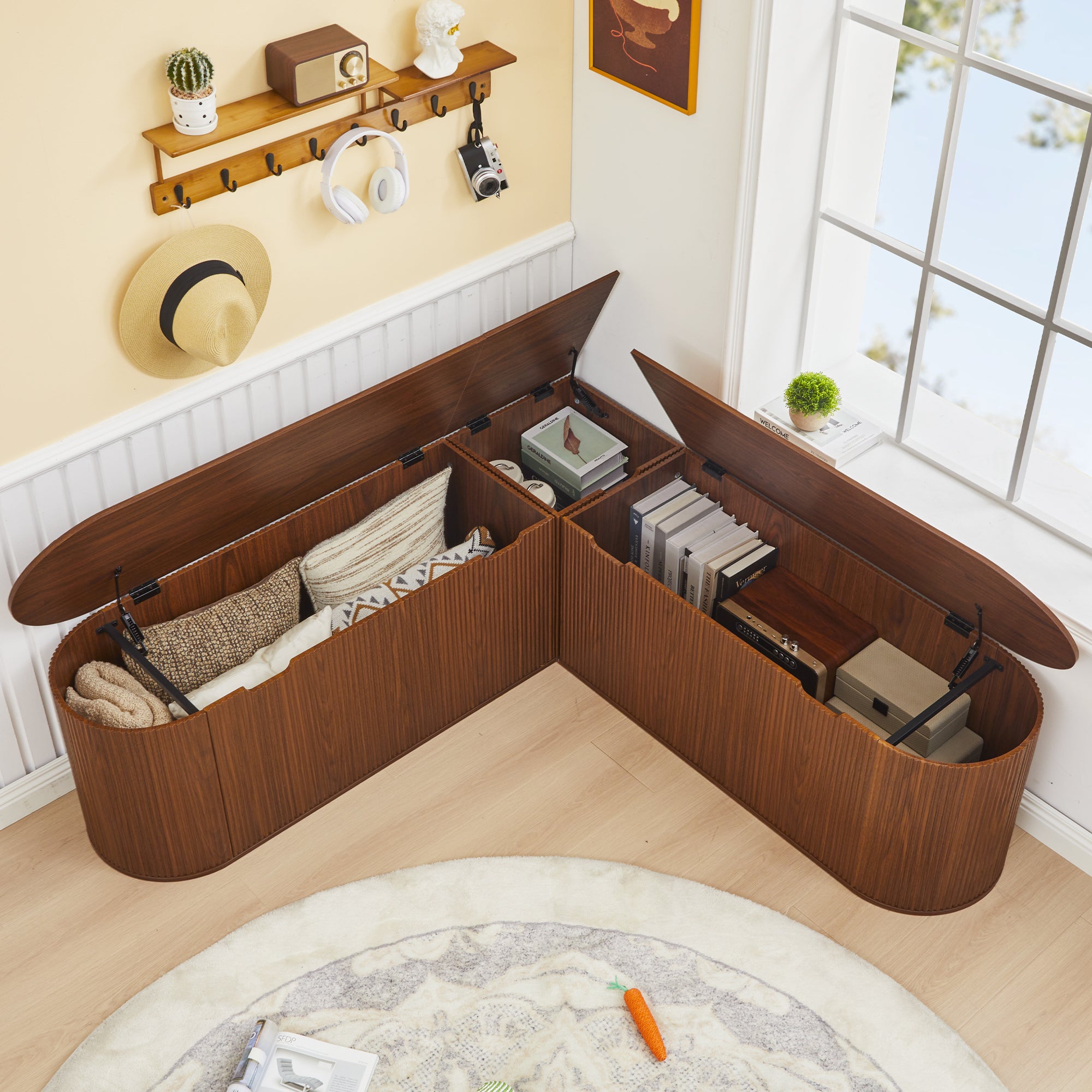 WIRRYTOR 59" Fluted L-Shaped Corner Storage Bench with Rounded Corners, Mid-Century Modern Breakfast Nook Bench, Extra Large Storage Chest