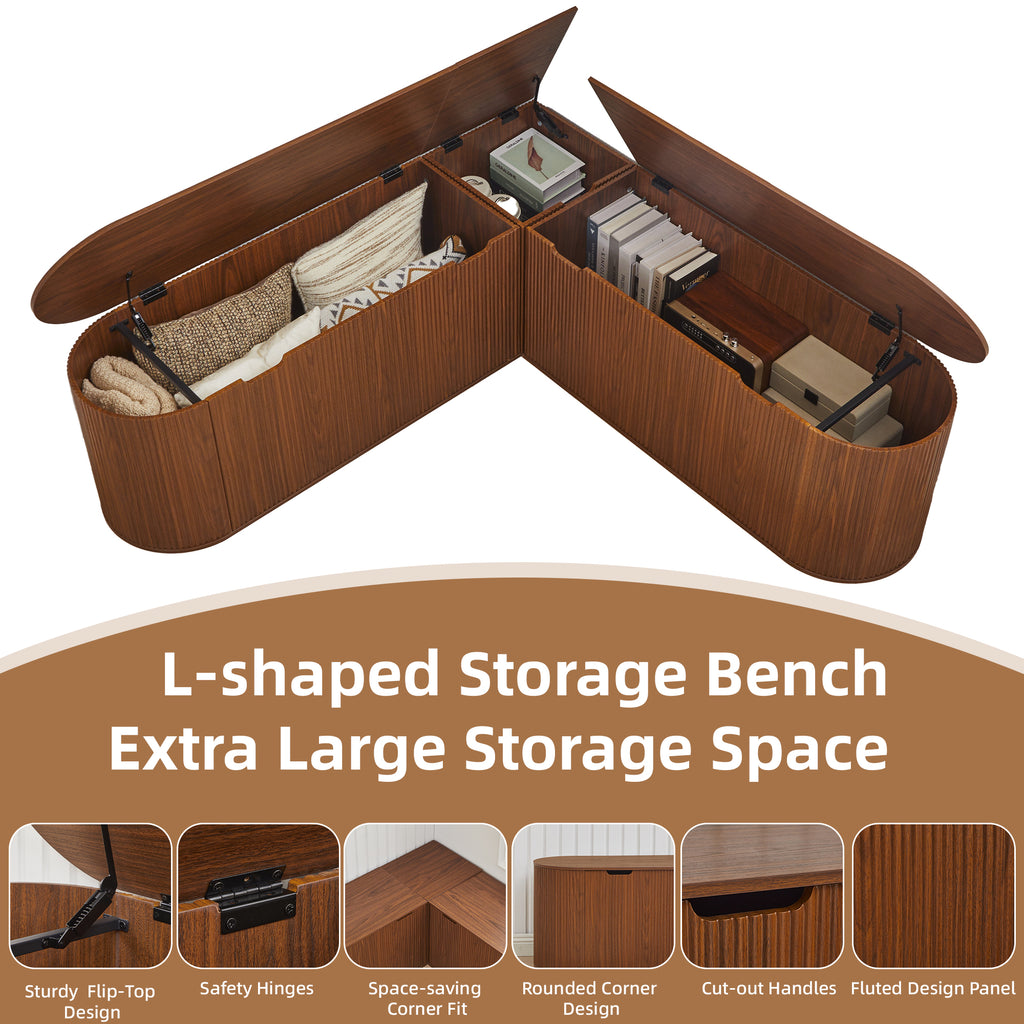 WIRRYTOR 59" Fluted L-Shaped Corner Storage Bench with Rounded Corners, Mid-Century Modern Breakfast Nook Bench, Extra Large Storage Chest