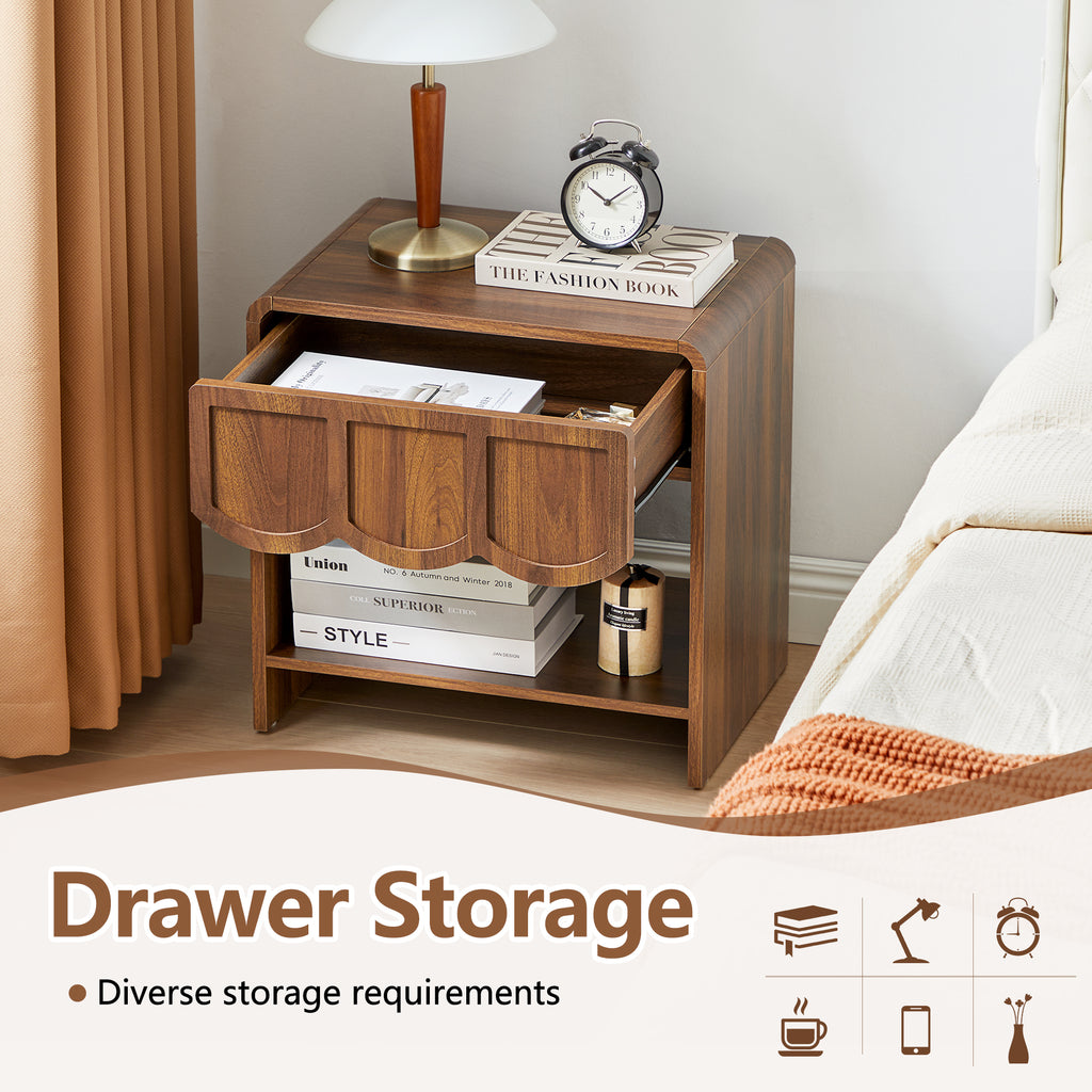 Wirrytor Farmhouse Natural Oak Fluted Nightstands, Mid-Century Chic End Table with Drawer and Open Shelf Storage, Curved Edge Bedside Table for Bedroom Living Room