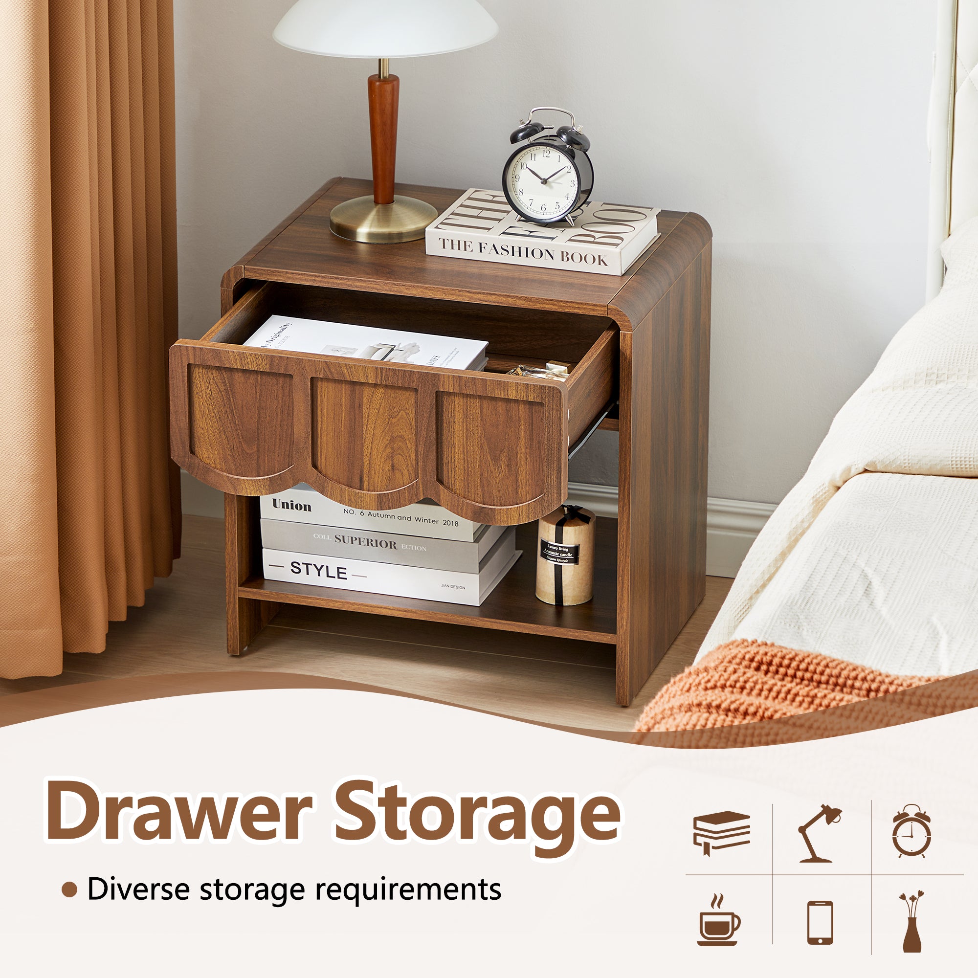 Wirrytor Farmhouse Natural Oak Fluted Nightstands, Mid-Century Chic End Table with Drawer and Open Shelf Storage, Curved Edge Bedside Table for Bedroom Living Room