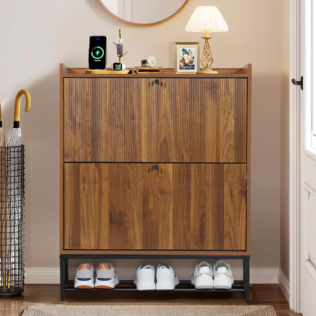 Wirrytor Narrow Shoe Cabinet for Entryway, Fluted Foyer Shoe Storage Cabinet with 2 Flip Drawers, Hidden Shoe Rack Organizer for Hallway Front Door Entrance, Walnut
