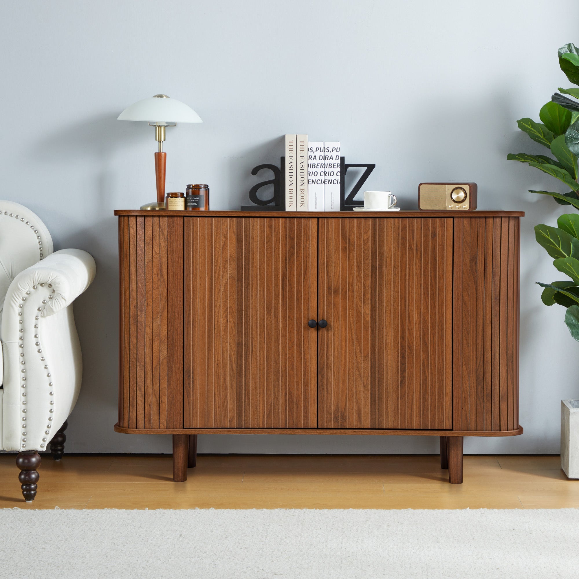 Wirrytor Buffet Storage Cabinet, Sideboard Cabinet with 2 Doors and Adjustable Shelve, Credenza Cabinet with Stripping Decorated Design for Living Room, Dining Room, Bedroom