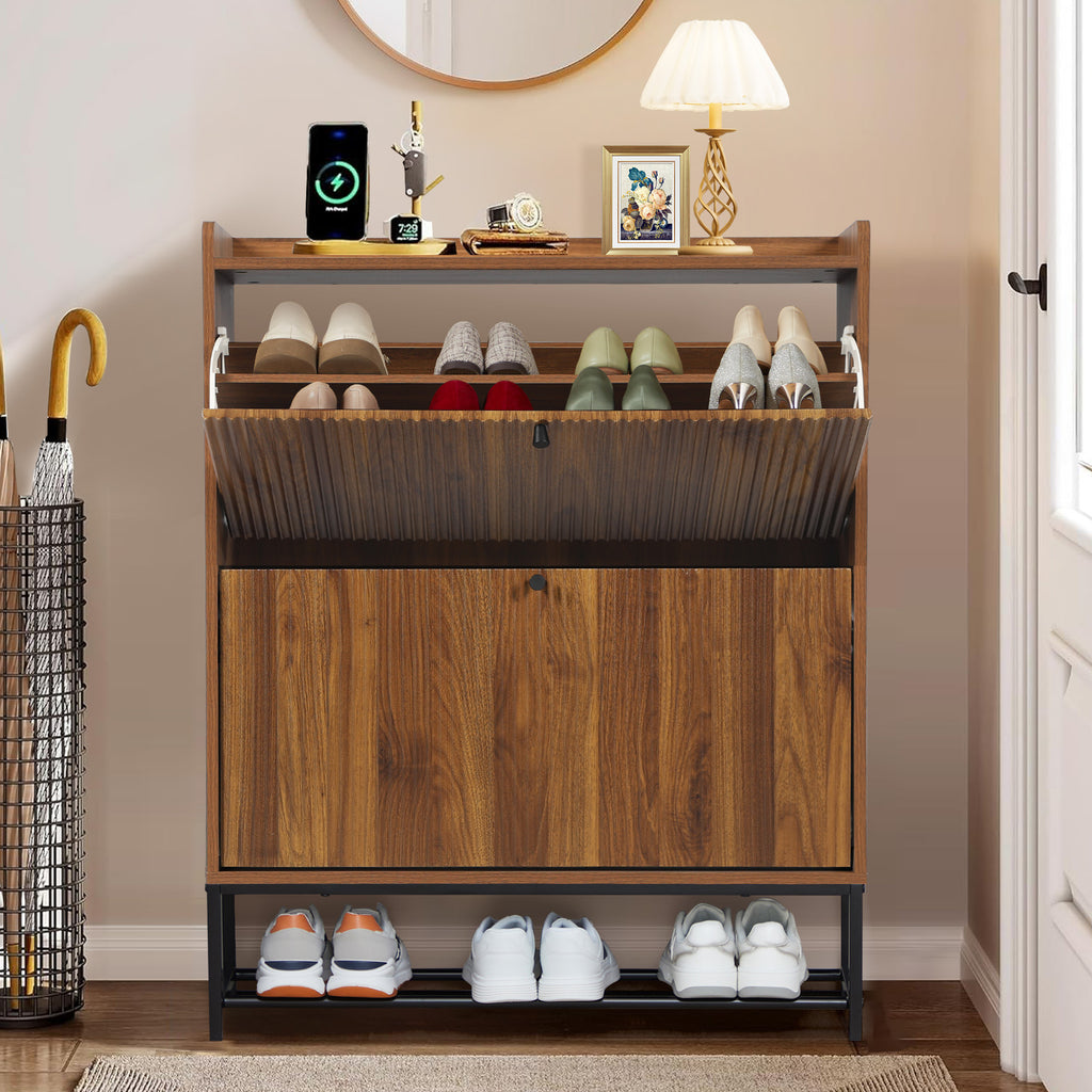Wirrytor Narrow Shoe Cabinet for Entryway, Fluted Foyer Shoe Storage Cabinet with 2 Flip Drawers, Hidden Shoe Rack Organizer for Hallway Front Door Entrance, Walnut