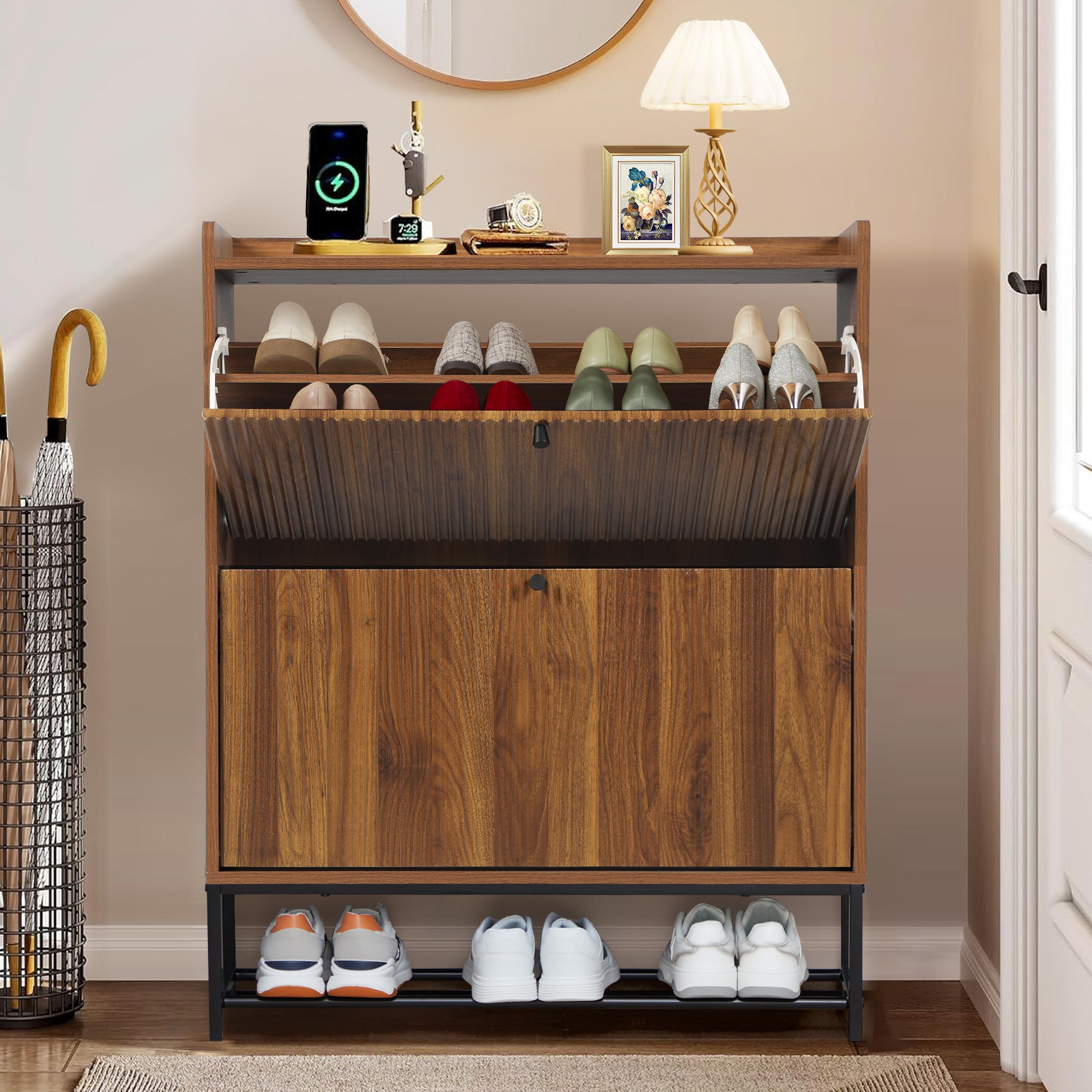 Wirrytor Narrow Shoe Cabinet for Entryway, Fluted Foyer Shoe Storage Cabinet with 2 Flip Drawers, Hidden Shoe Rack Organizer for Hallway Front Door Entrance, Walnut