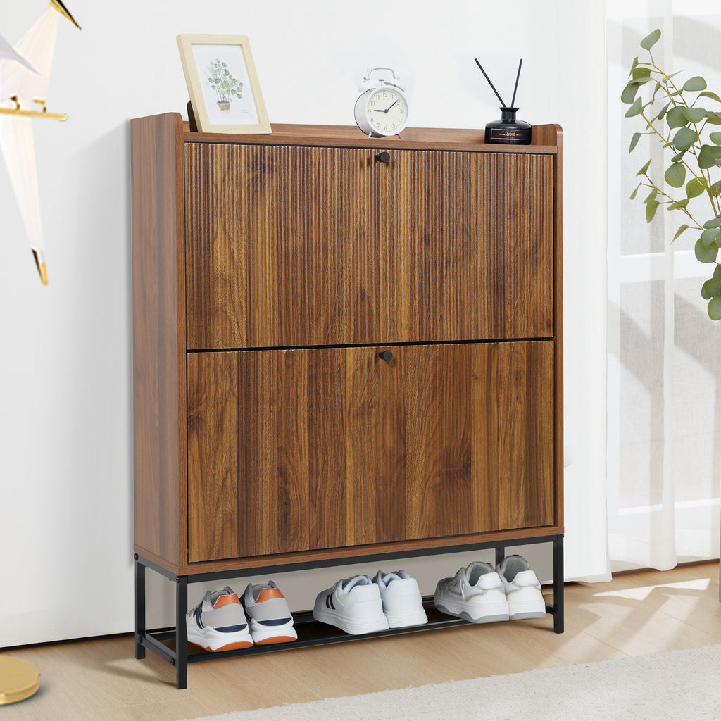 Wirrytor Narrow Shoe Cabinet for Entryway, Fluted Foyer Shoe Storage Cabinet with 2 Flip Drawers, Hidden Shoe Rack Organizer for Hallway Front Door Entrance, Walnut