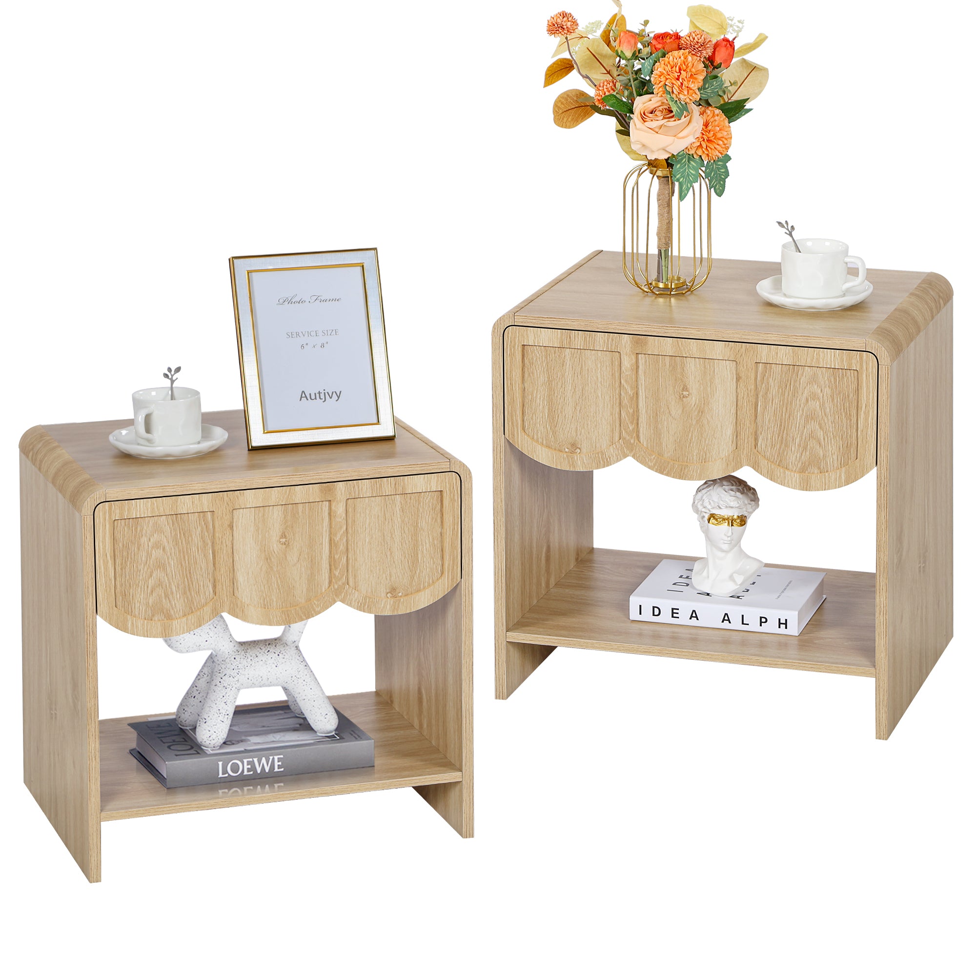 Wirrytor Farmhouse Natural Oak Fluted Nightstands, Mid-Century Chic End Table with Drawer and Open Shelf Storage, Curved Edge Bedside Table for Bedroom Living Room