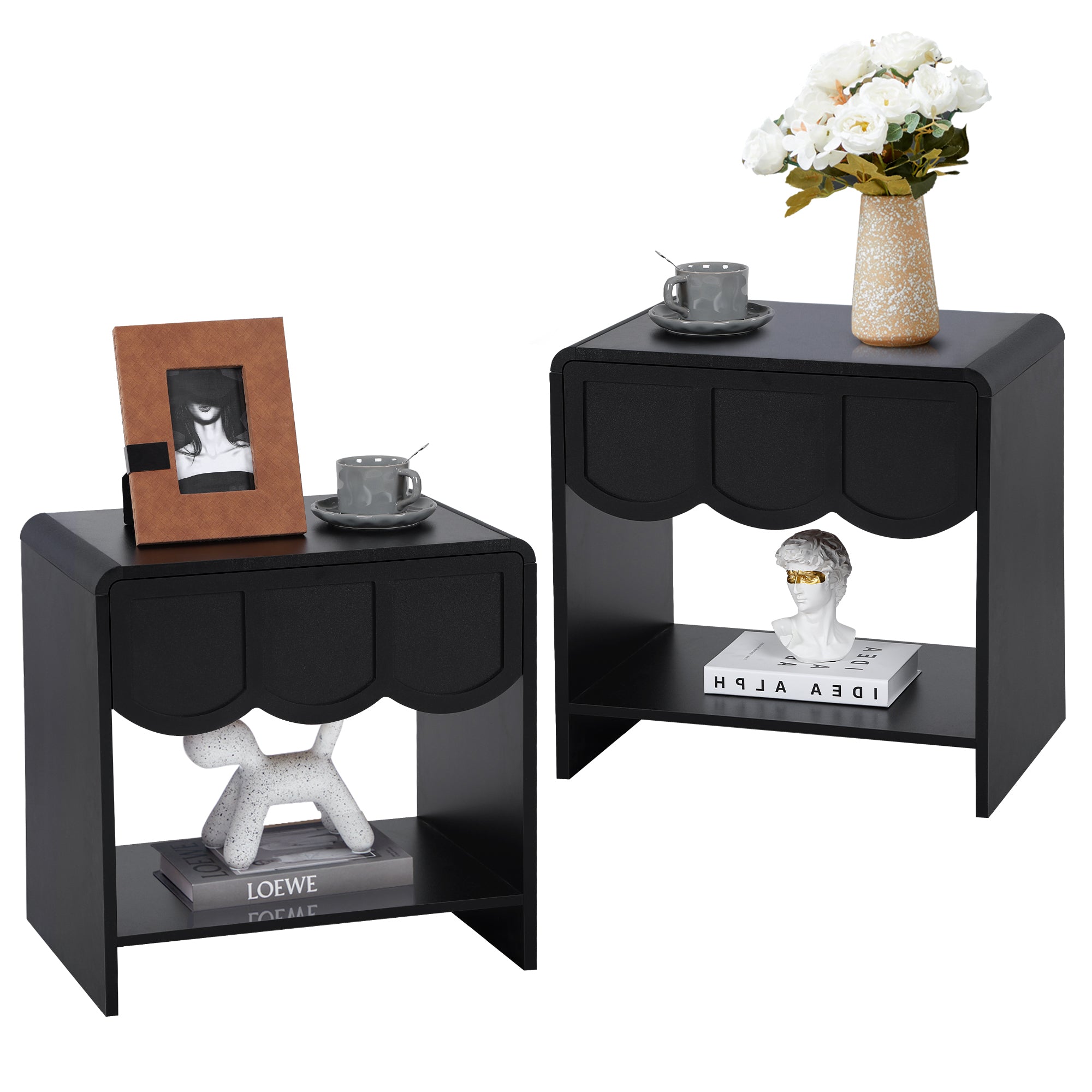 Wirrytor Farmhouse Natural Oak Fluted Nightstands, Mid-Century Chic End Table with Drawer and Open Shelf Storage, Curved Edge Bedside Table for Bedroom Living Room