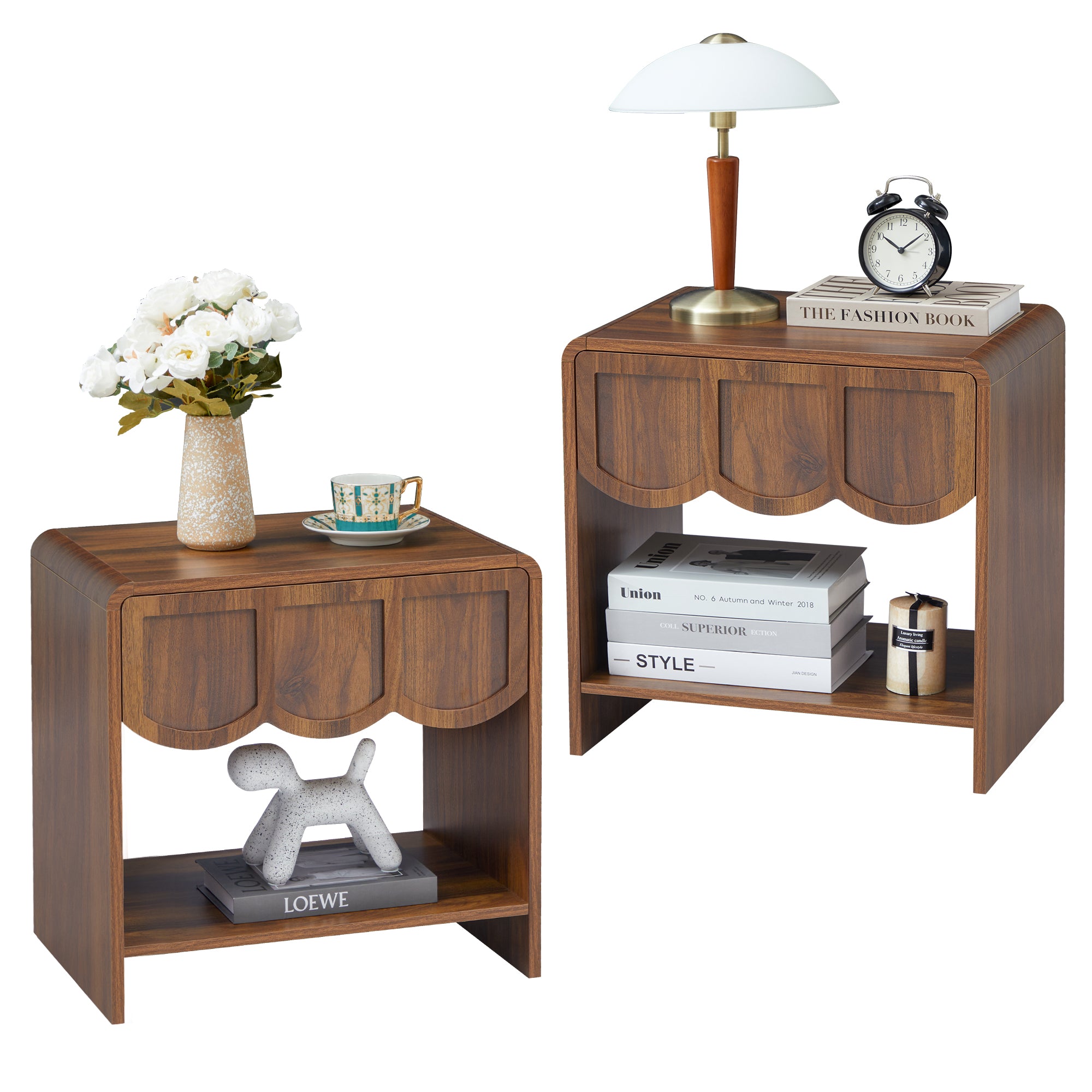 Wirrytor Farmhouse Natural Oak Fluted Nightstands, Mid-Century Chic End Table with Drawer and Open Shelf Storage, Curved Edge Bedside Table for Bedroom Living Room