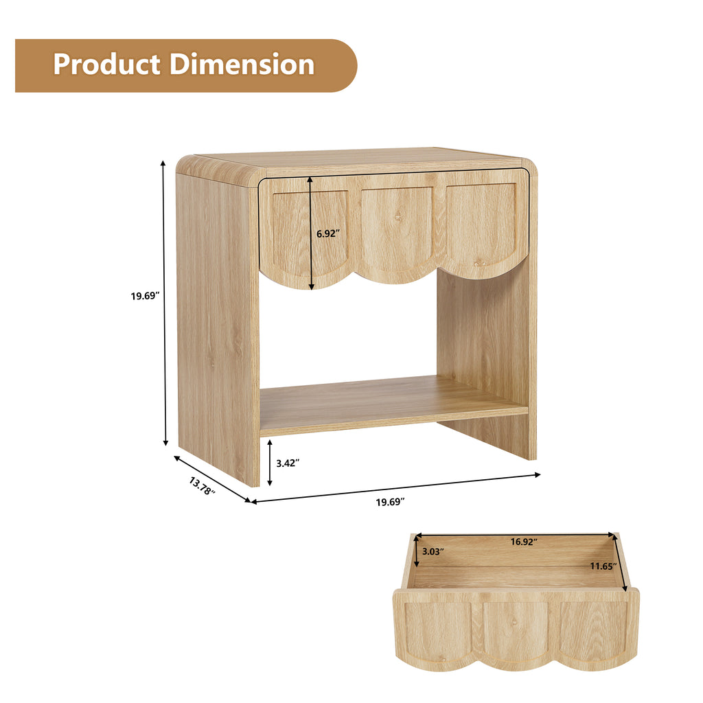 Wirrytor Farmhouse Natural Oak Fluted Nightstands, Mid-Century Chic End Table with Drawer and Open Shelf Storage, Curved Edge Bedside Table for Bedroom Living Room