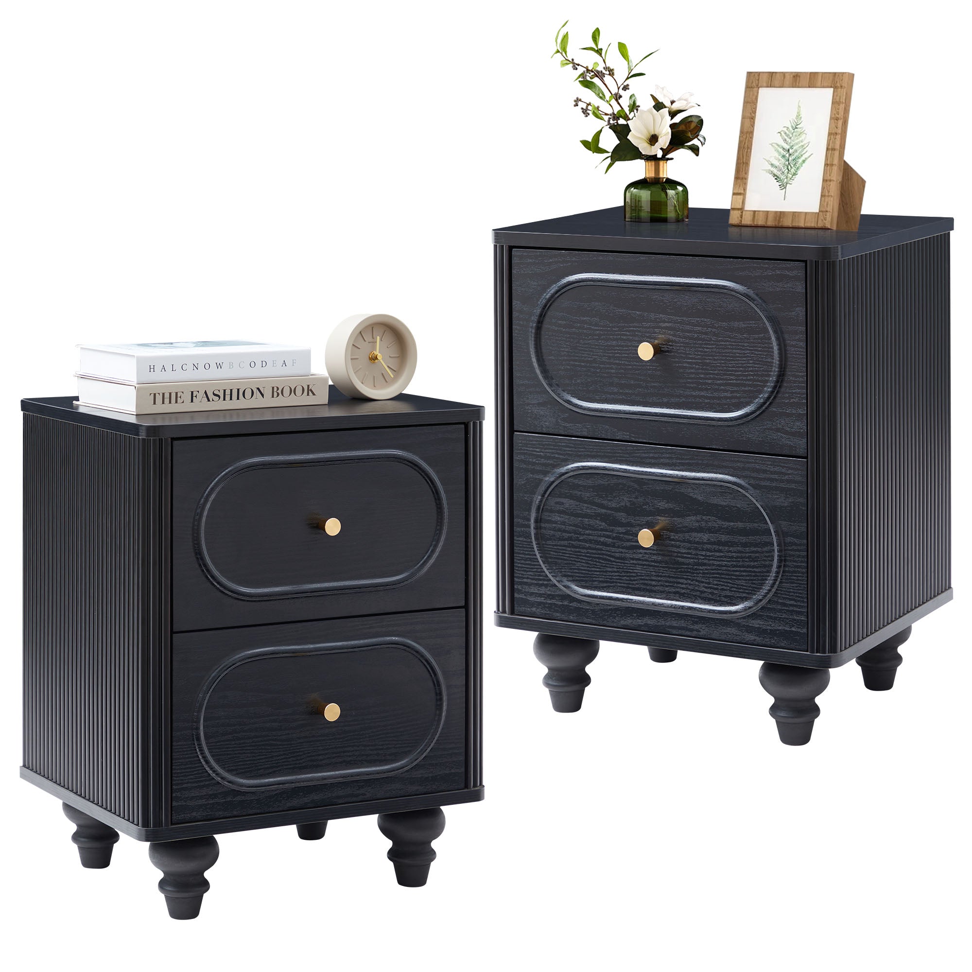 Wirrytor 2 Drawer Fluted Nightstand, Mid Century Modern Farmhouse Night Stand Small End Table Bedside Table for Bedroom, Living Room, Black