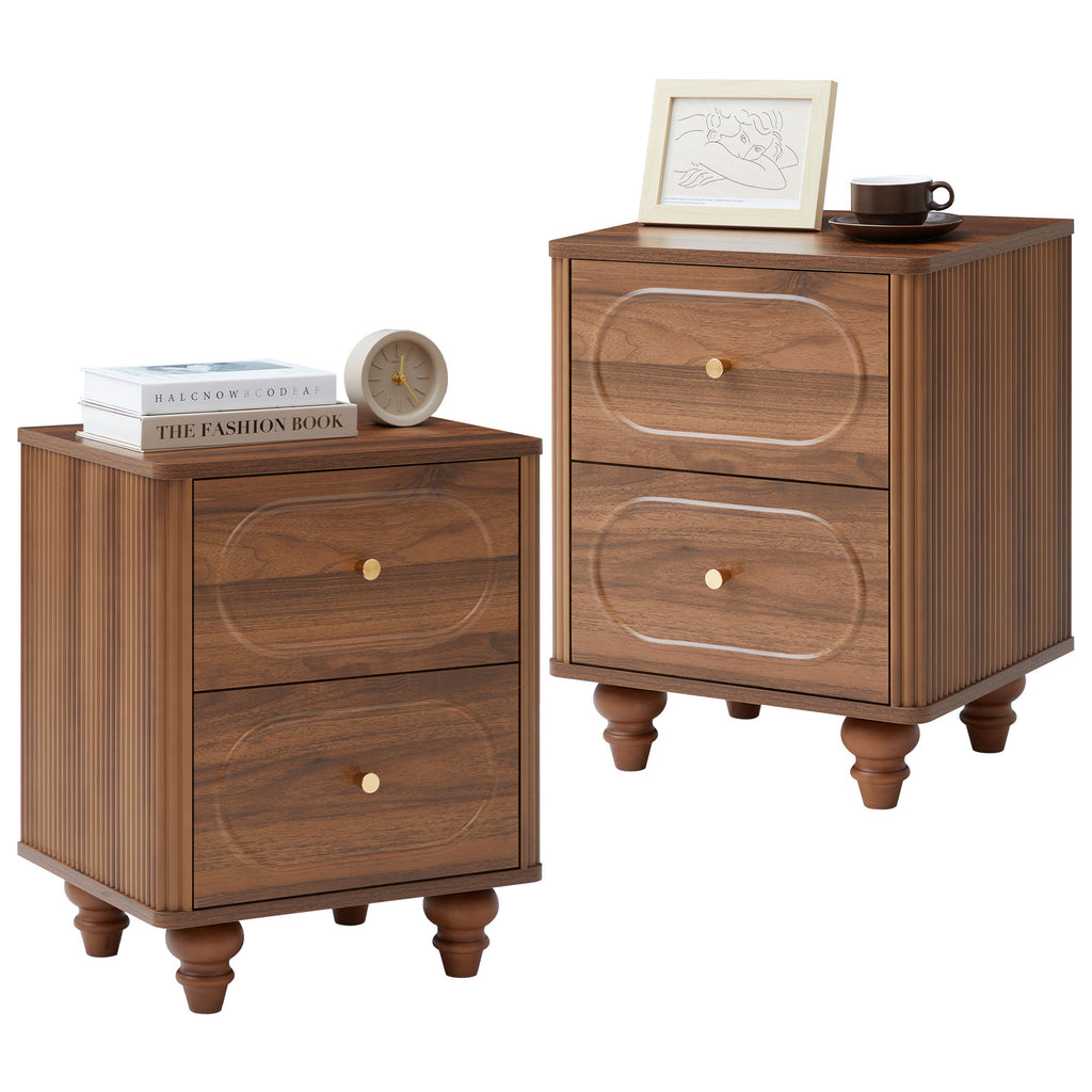 Wirrytor 2 Drawer Fluted Nightstand, Mid Century Modern Farmhouse Night Stand Small End Table Bedside Table for Bedroom, Living Room, Black