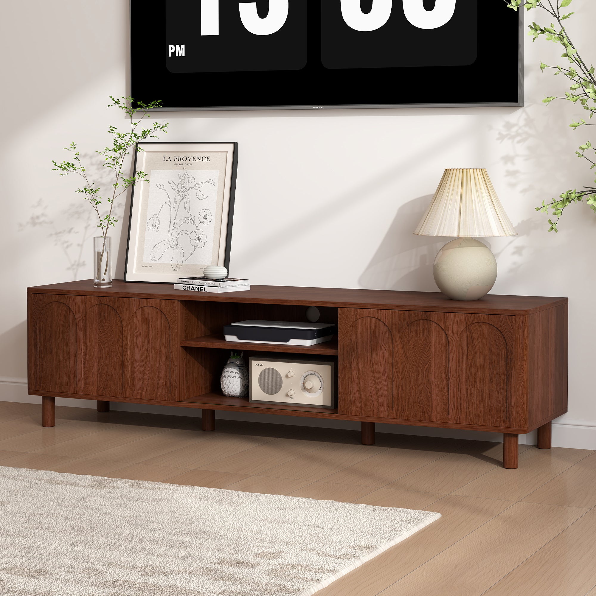WIRRYTOR 58" Mid-Century Modern TV Stand for 65 Inch TV, Walnut Entertainment Center with Arched Fluted Doors, Media Console Table for Living Room