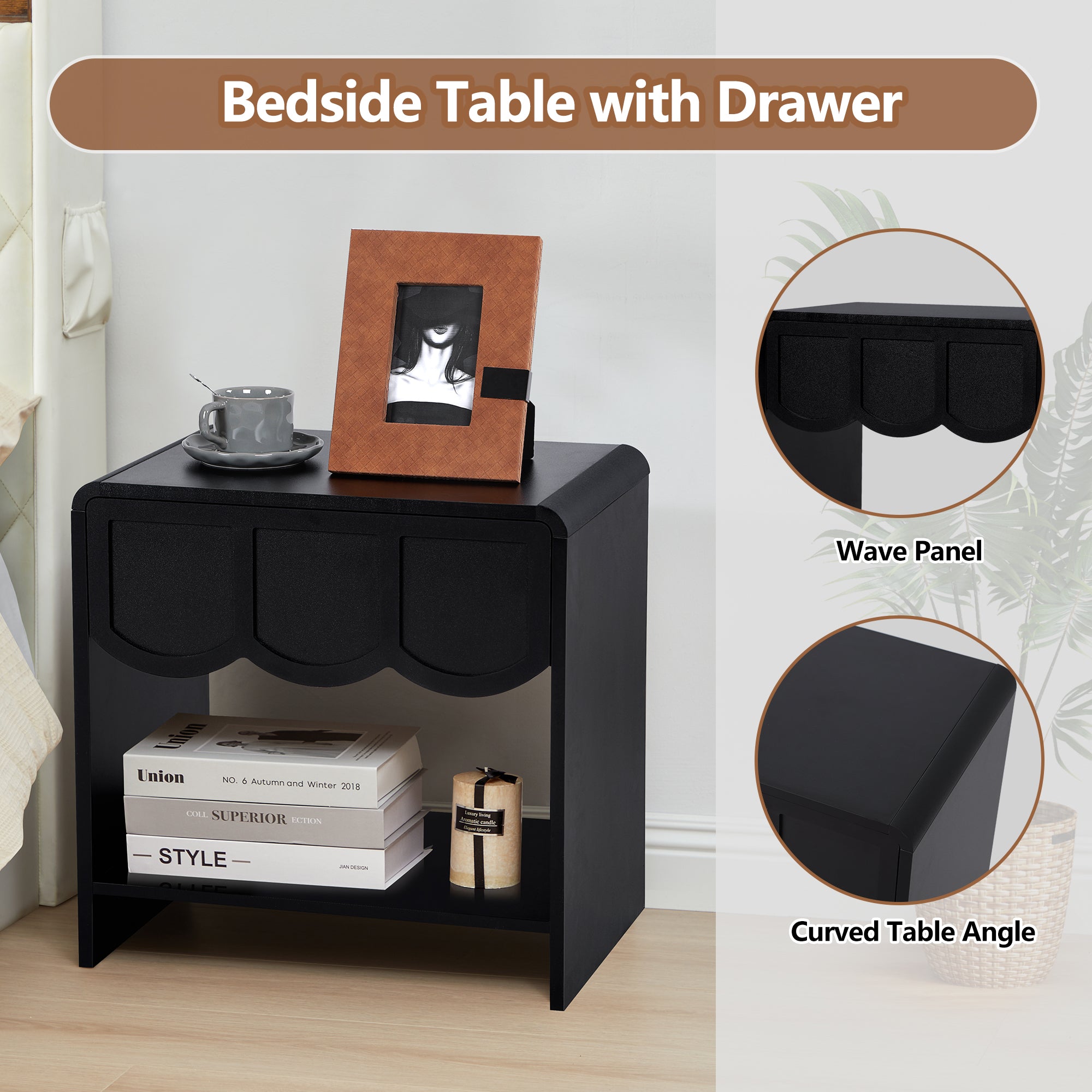 Wirrytor Farmhouse Natural Oak Fluted Nightstands, Mid-Century Chic End Table with Drawer and Open Shelf Storage, Curved Edge Bedside Table for Bedroom Living Room