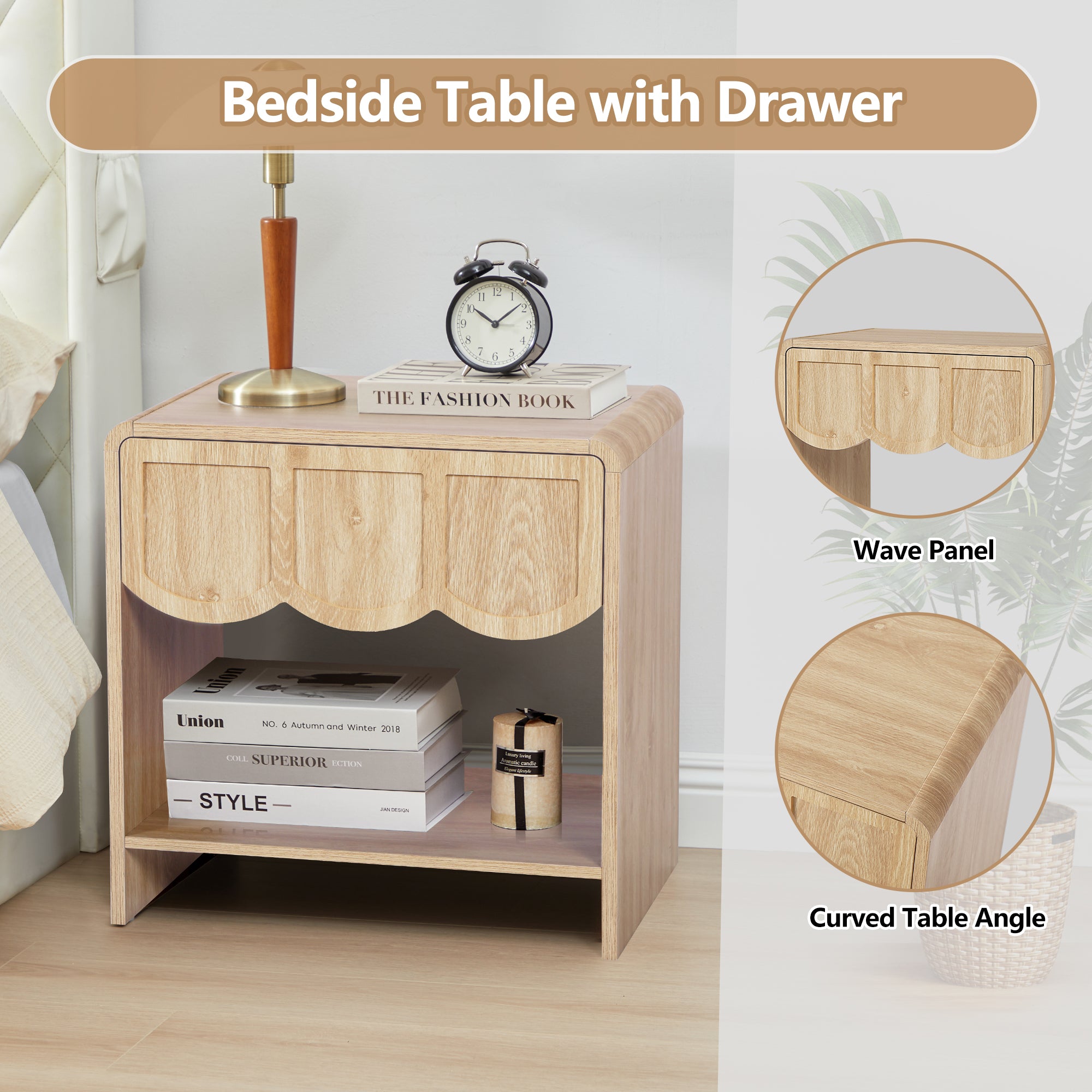 Wirrytor Farmhouse Natural Oak Fluted Nightstands, Mid-Century Chic End Table with Drawer and Open Shelf Storage, Curved Edge Bedside Table for Bedroom Living Room