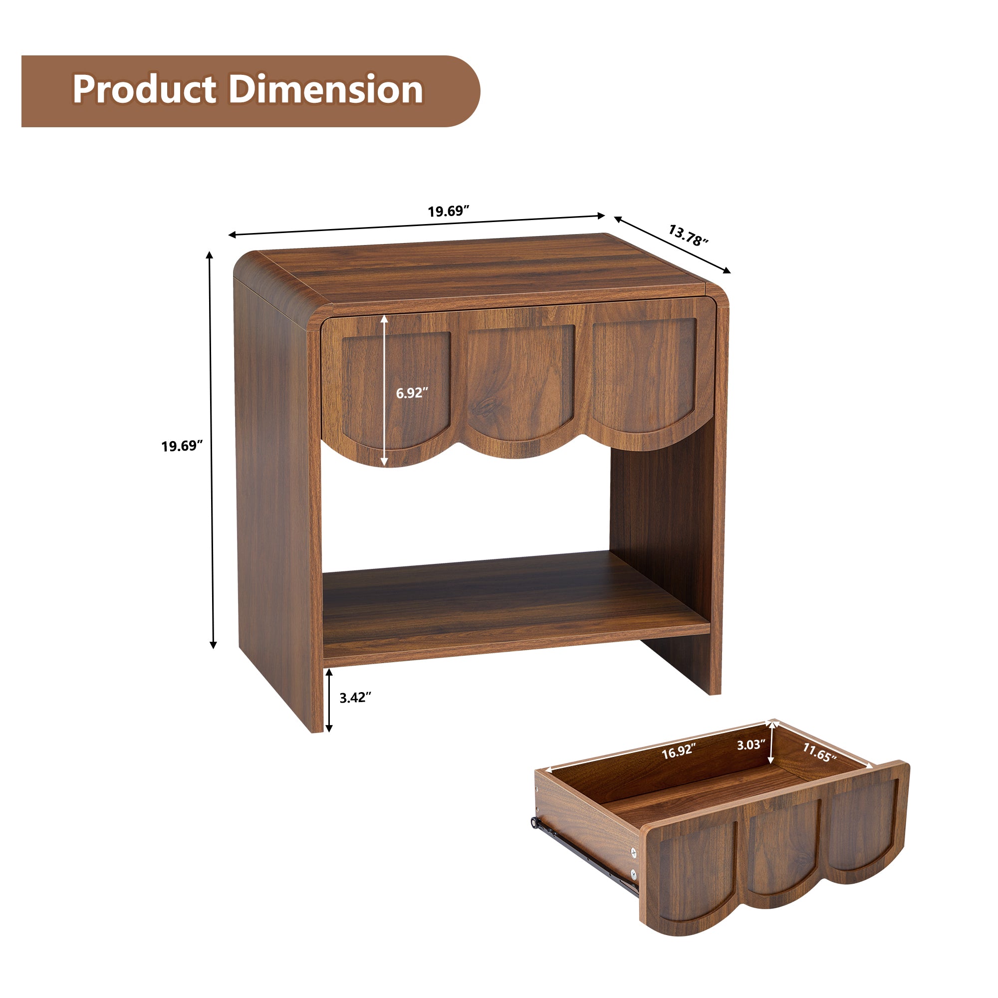 Wirrytor Farmhouse Natural Oak Fluted Nightstands, Mid-Century Chic End Table with Drawer and Open Shelf Storage, Curved Edge Bedside Table for Bedroom Living Room
