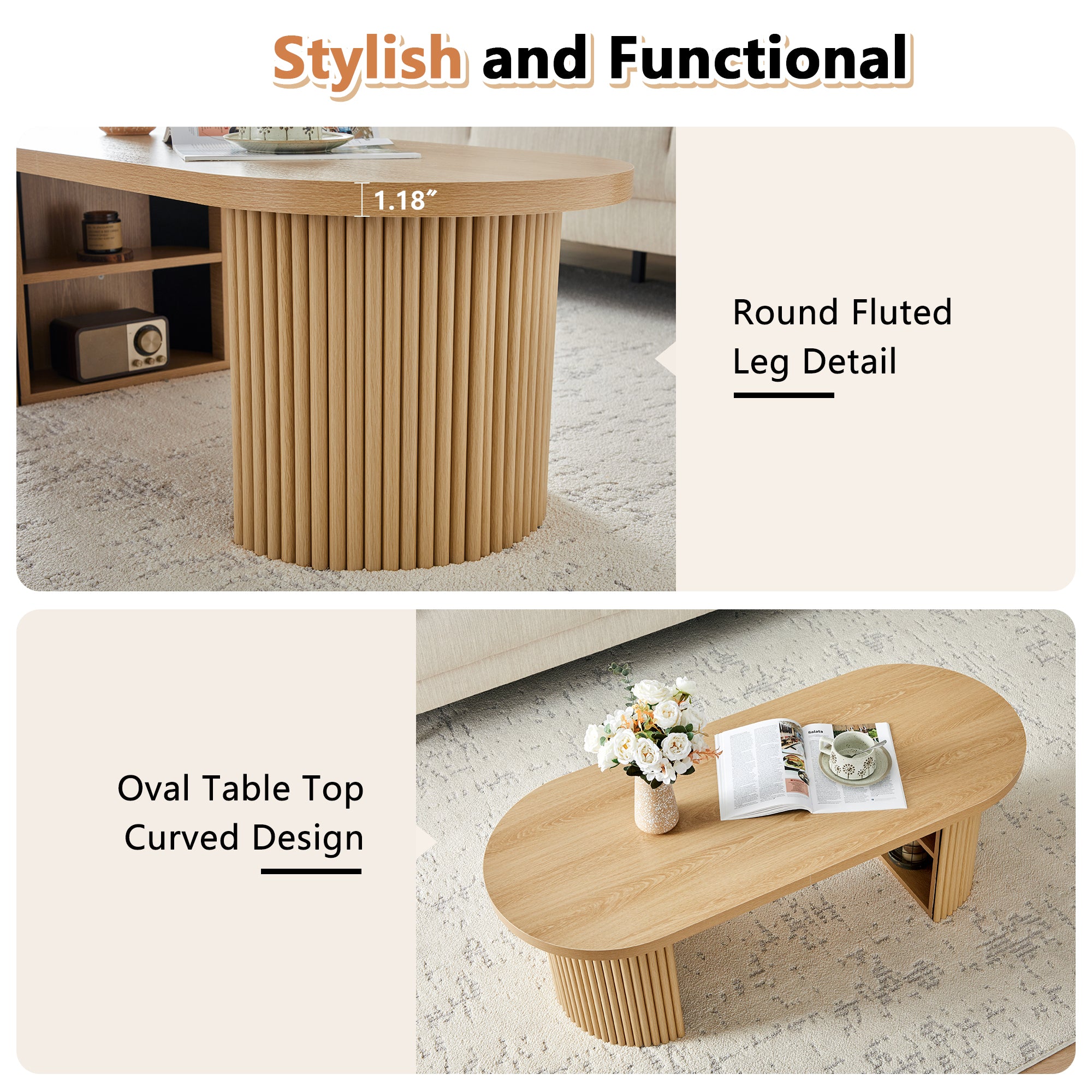 Wirrytor Oval Fluted Coffee Table with Fluted Legs