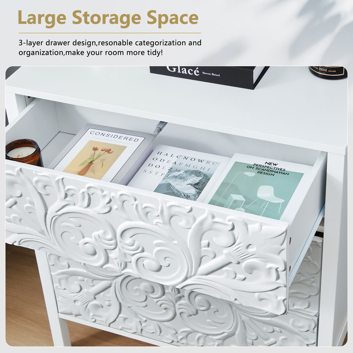 Wirrytor 3 Drawer Farmhouse Dresser with Embossed Weathered Flower Motif, Vintage Nightstand for Bedroom, White