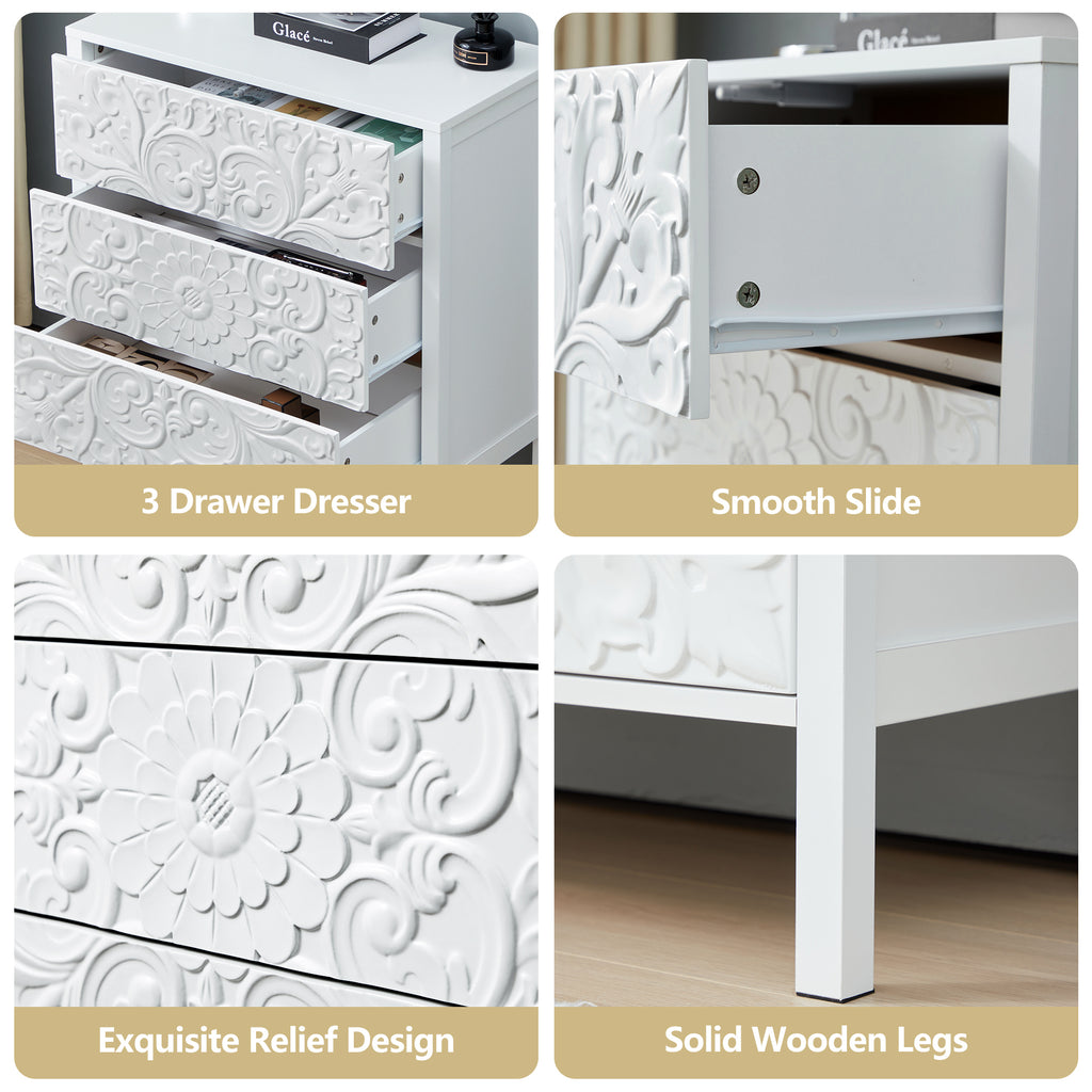 Wirrytor 3 Drawer Farmhouse Dresser with Embossed Weathered Flower Motif, Vintage Nightstand for Bedroom, White