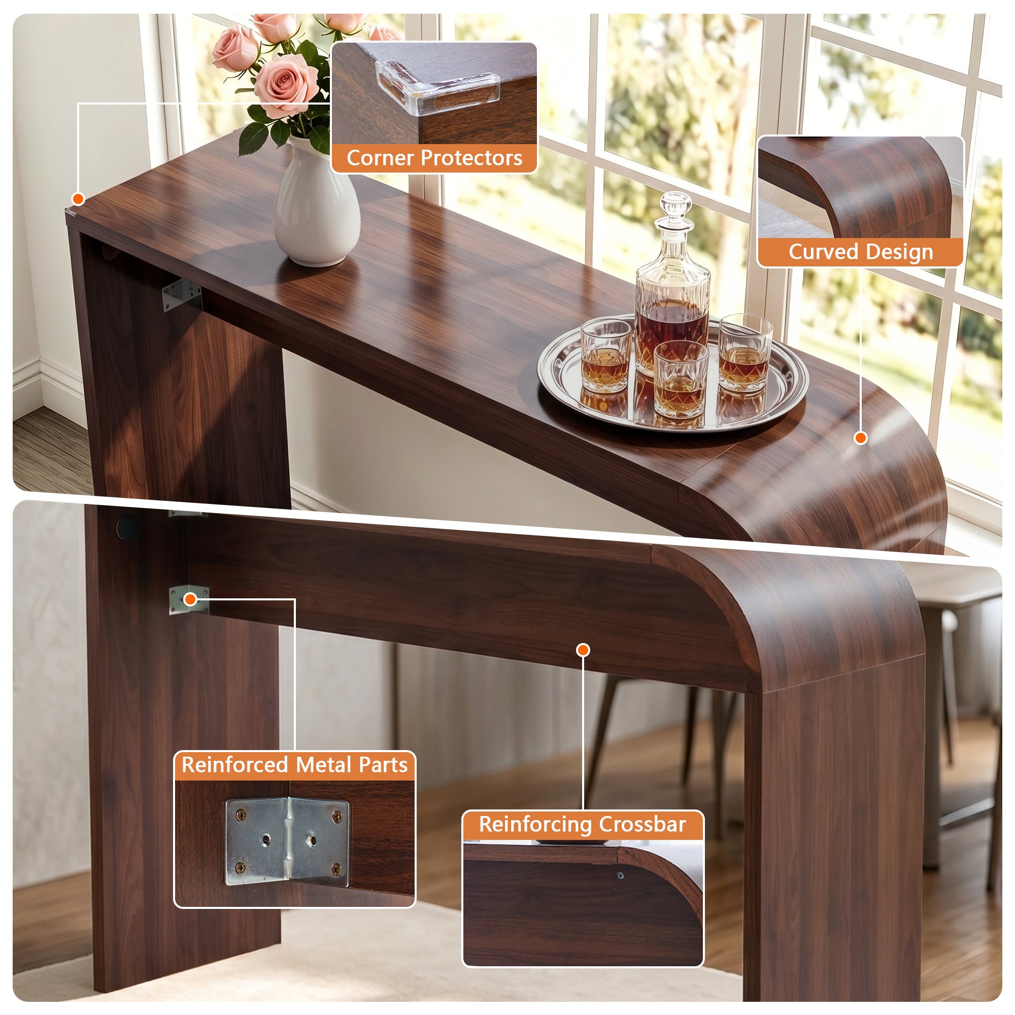 WIRRYTOR 55" Modern Waterfall Bar Table, 35.4" Tall Counter Height Console Table Behind Couch, Multipurpose Narrow Kitchen Pub Table and Desk