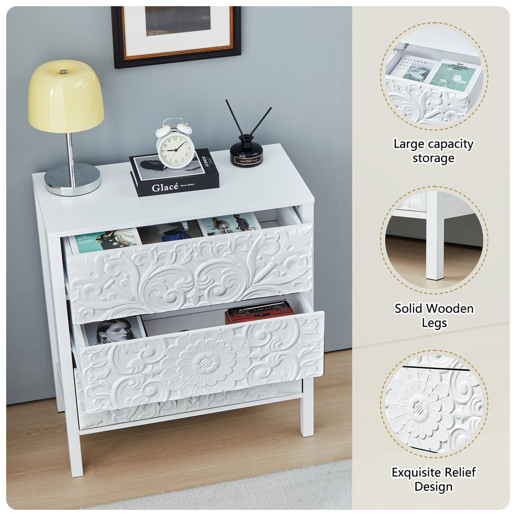 Wirrytor 3 Drawer Farmhouse Dresser with Embossed Weathered Flower Motif, Vintage Nightstand for Bedroom, White