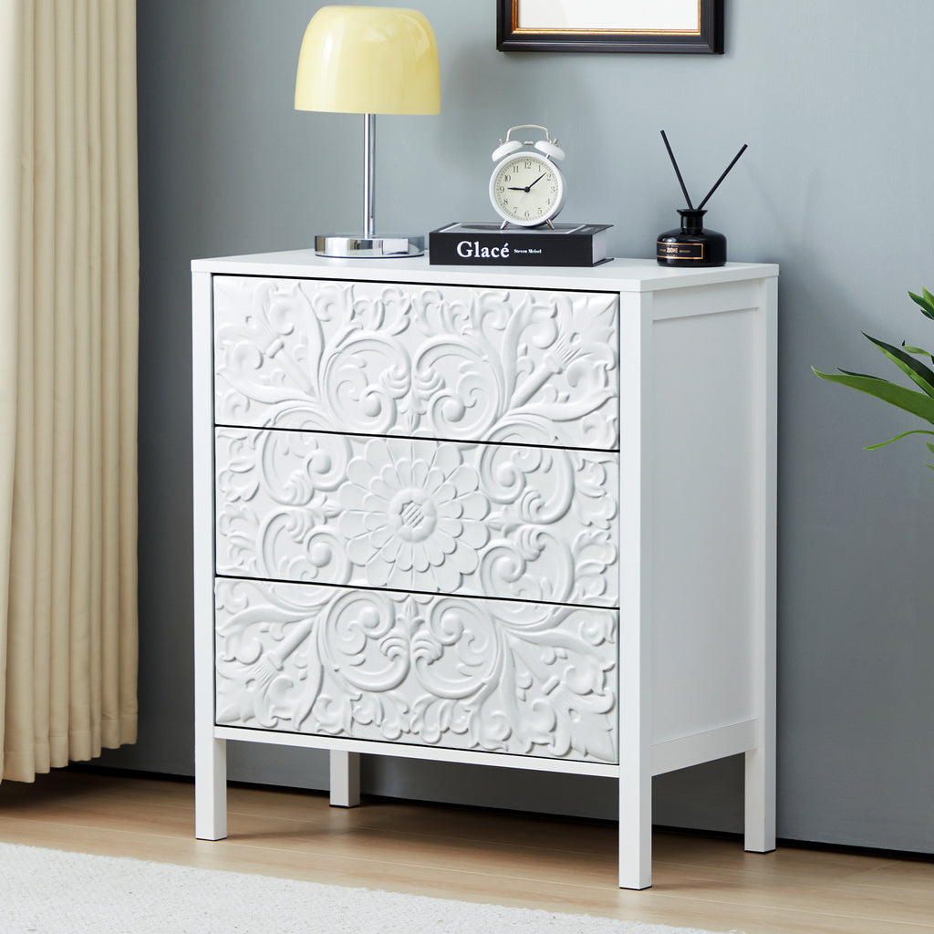 Wirrytor 3 Drawer Farmhouse Dresser with Embossed Weathered Flower Motif, Vintage Nightstand for Bedroom, White