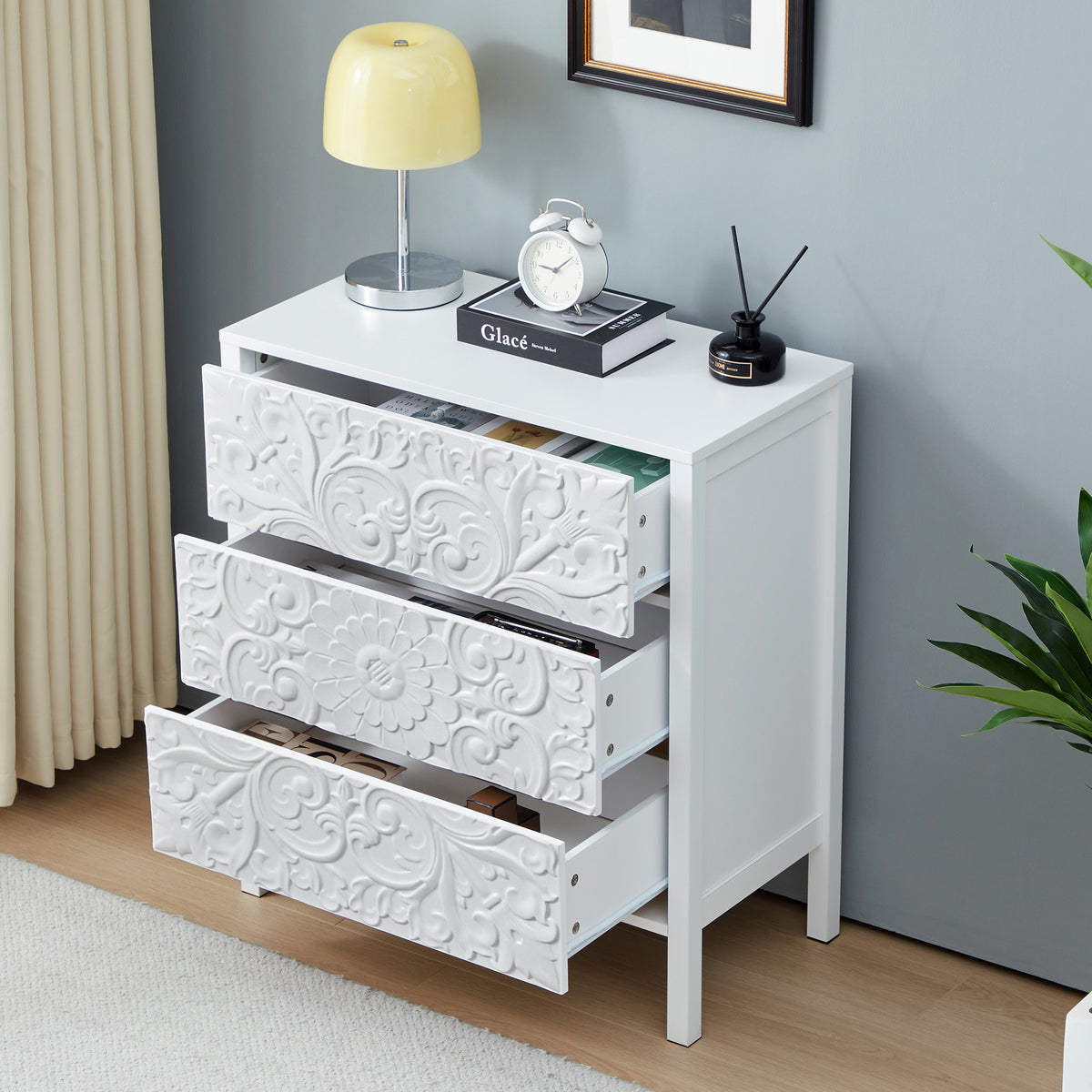 Wirrytor 3 Drawer Farmhouse Dresser with Embossed Weathered Flower Motif, Vintage Nightstand for Bedroom, White