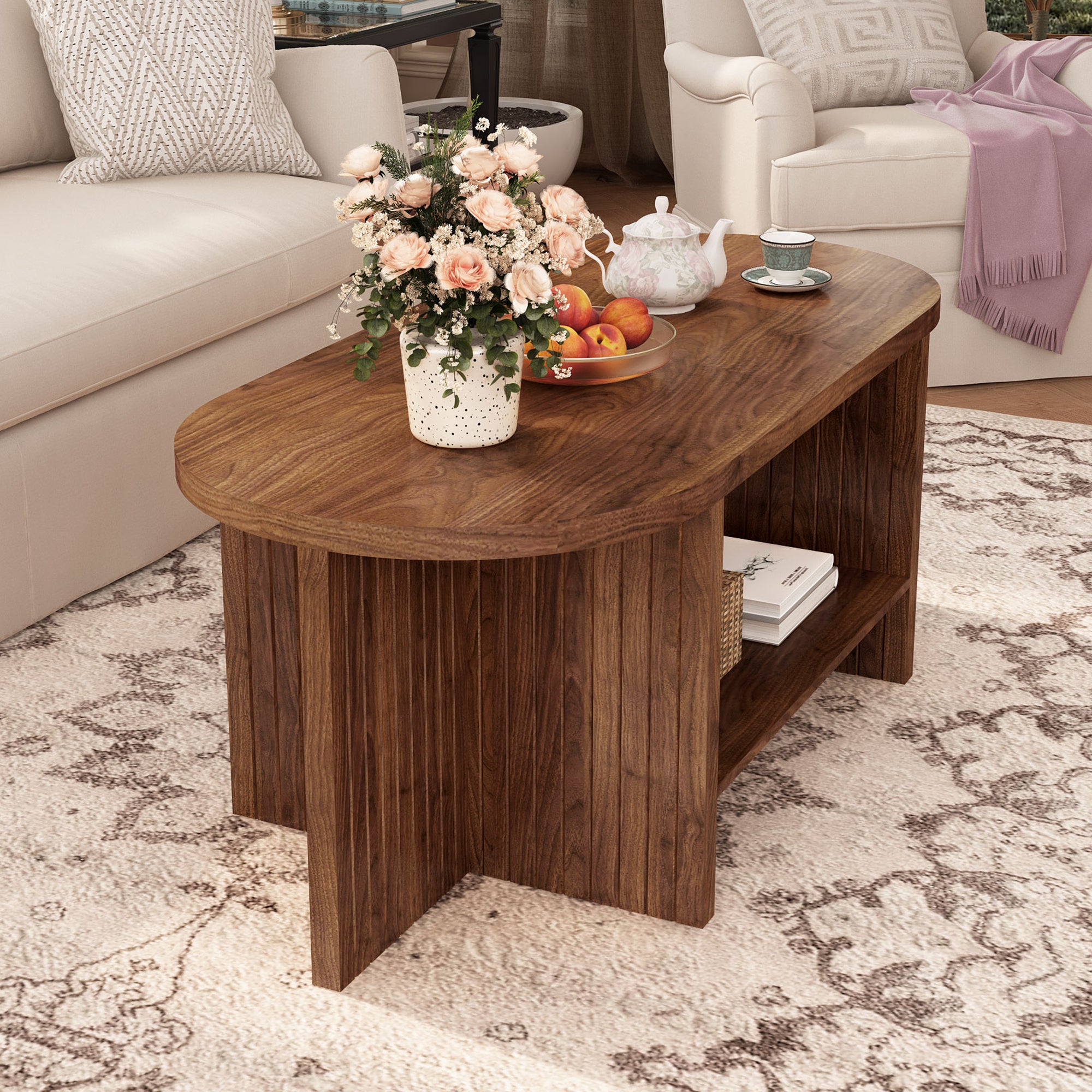 Wirrytor 43.3” Oval Coffee Table, Farmhouse Coffee Tables for Living Room Small, Fluted Coffee Table with Open Storage Shelf, Wood Center Table for 2-Tier Coffee Table