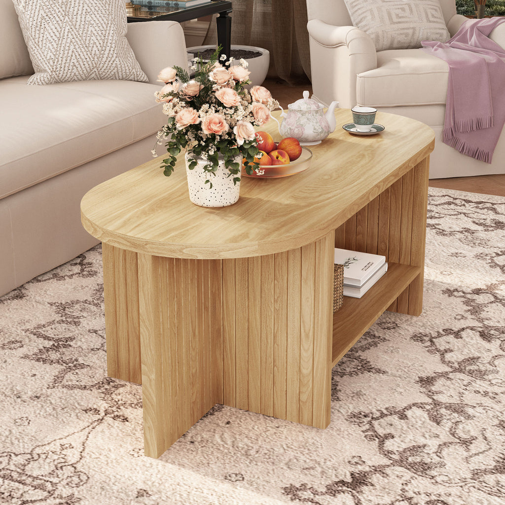 Wirrytor 43.3” Oval Coffee Table, Farmhouse Coffee Tables for Living Room Small, Fluted Coffee Table with Open Storage Shelf, Wood Center Table for 2-Tier Coffee Table