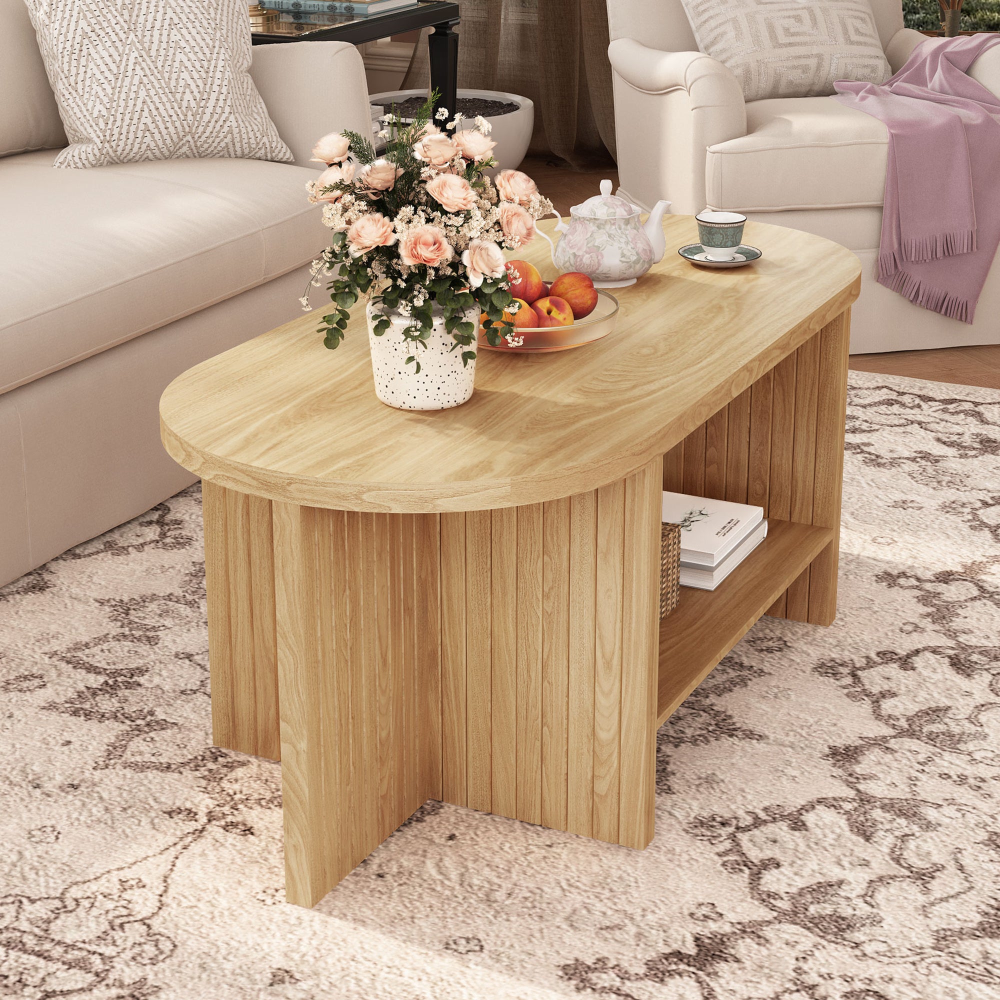 Wirrytor 43.3” Oval Coffee Table, Farmhouse Coffee Tables for Living Room Small, Fluted Coffee Table with Open Storage Shelf, Wood Center Table for 2-Tier Coffee Table