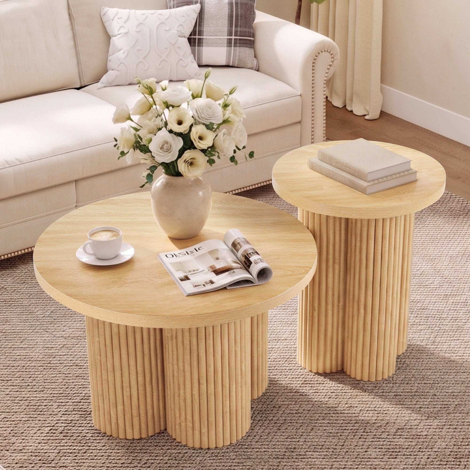 WIRRYTOR Round Coffee Table Set of 2, Modern Fluted Coffee Table and Side Table Set with Plum Base, Wood Living Room Accent Tables