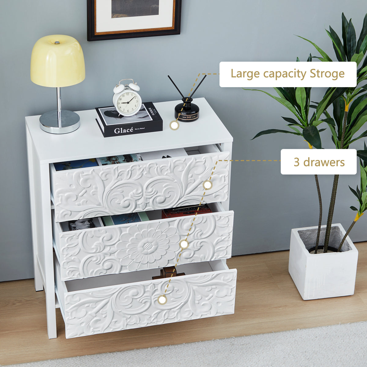 Wirrytor 3 Drawer Farmhouse Dresser with Embossed Weathered Flower Motif, Vintage Nightstand for Bedroom, White