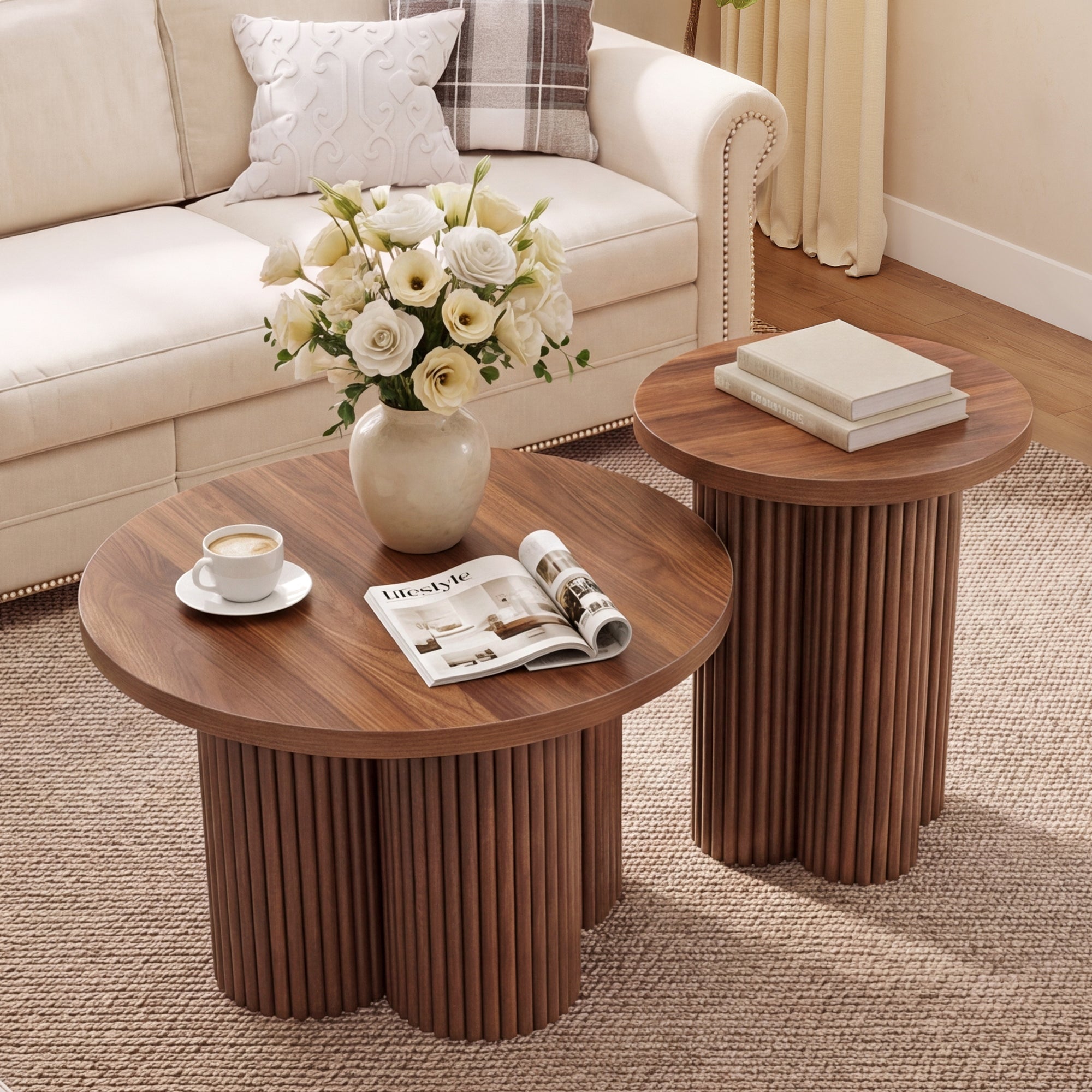 WIRRYTOR Round Coffee Table Set of 2, Modern Fluted Coffee Table and Side Table Set with Plum Base, Wood Living Room Accent Tables