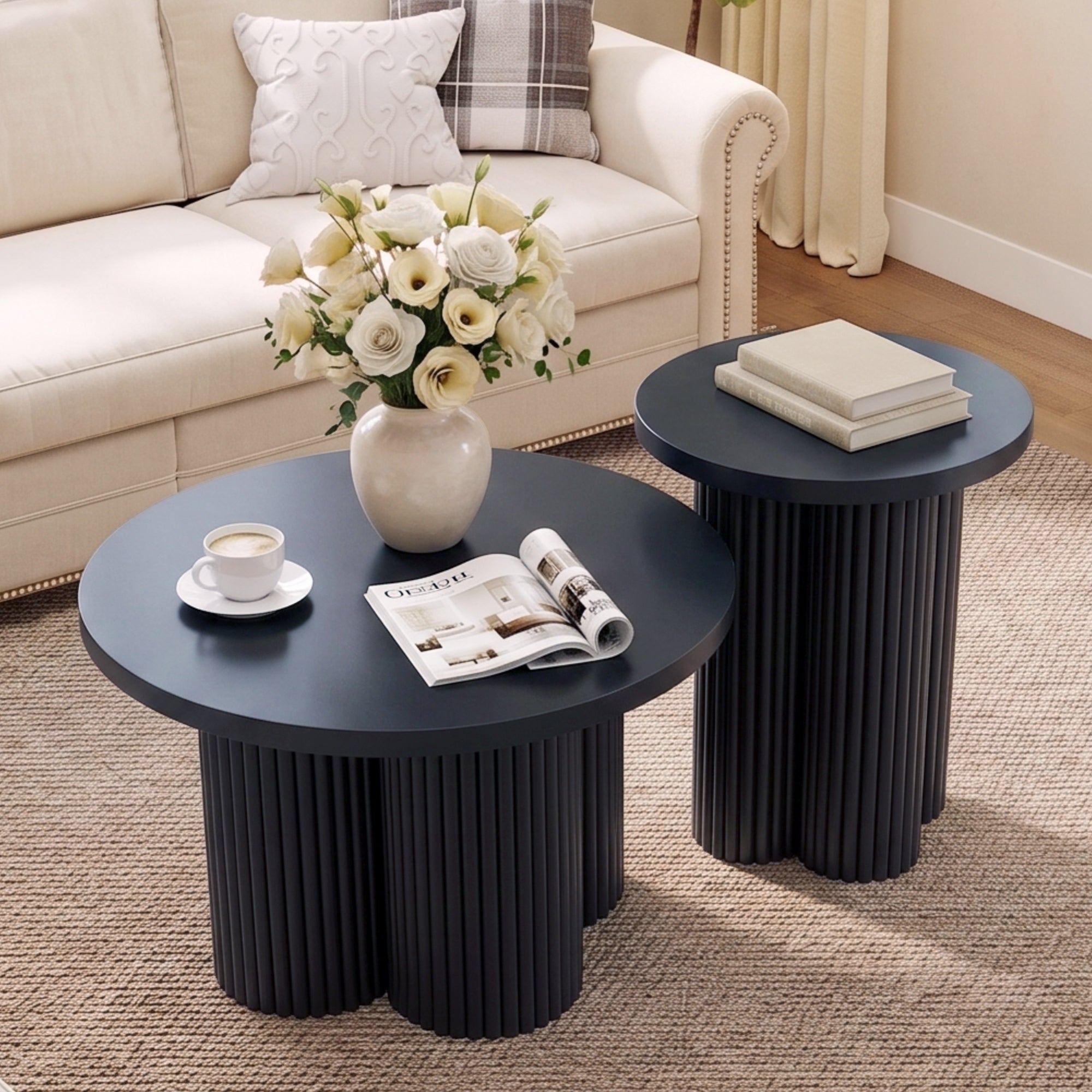 WIRRYTOR Round Coffee Table Set of 2, Modern Fluted Coffee Table and Side Table Set with Plum Base, Wood Living Room Accent Tables