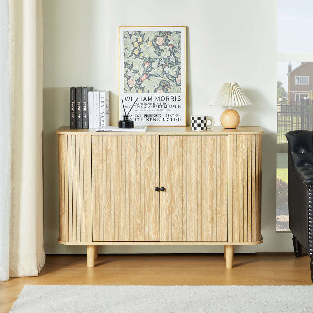 Wirrytor Buffet Storage Cabinet, Sideboard Cabinet with 2 Doors and Adjustable Shelve, Credenza Cabinet with Stripping Decorated Design for Living Room, Dining Room, Bedroom